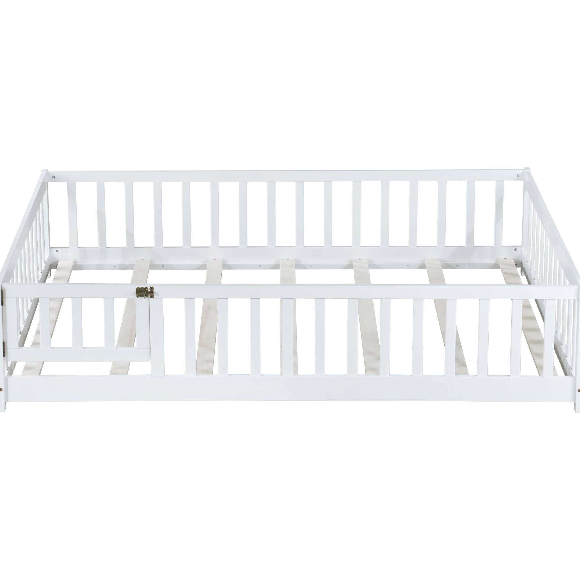 Alt View 7. GOODSILO - Full Size Low Profile Children's Floor Bed with Safety Guardrails and Entry Door, Solid Wood Construction - White.