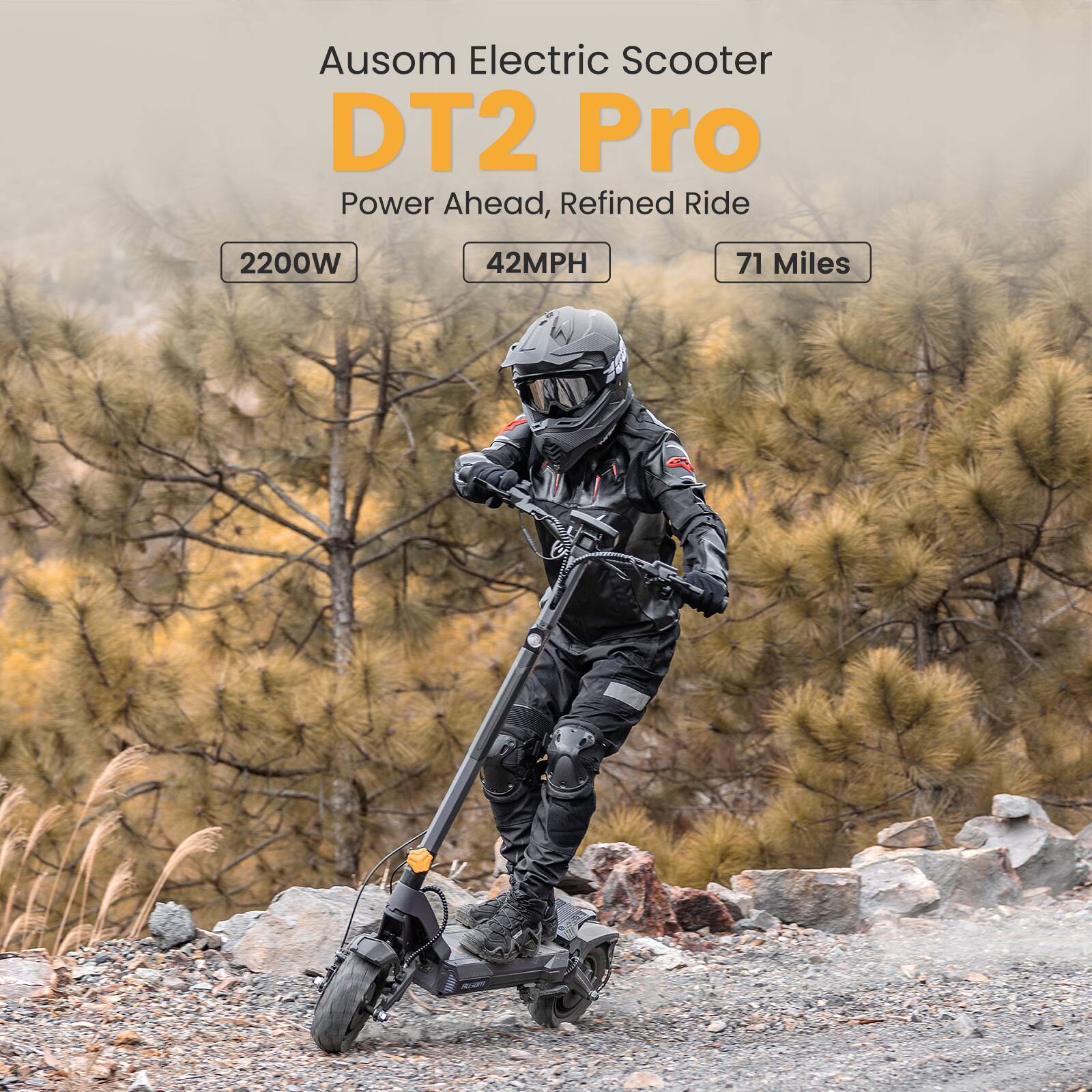 Ausom Electric Scooter DT2 Pro  
Power Ahead, Refined Ride  
2200W  
42MPH  
71 Miles
