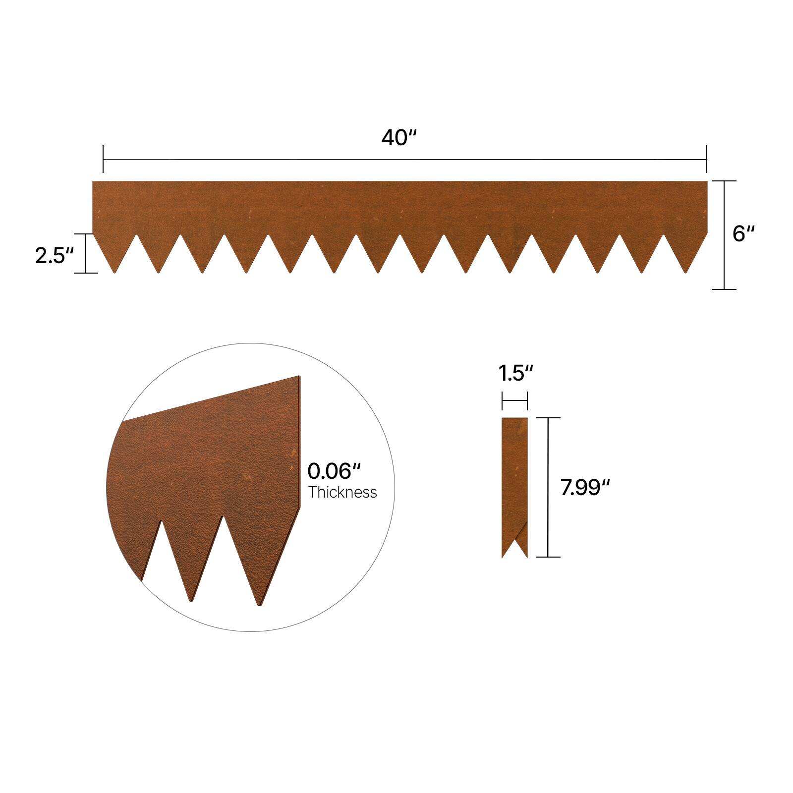 40", 2.5", 6", 1.5", 7.99", 0.06" Thickness