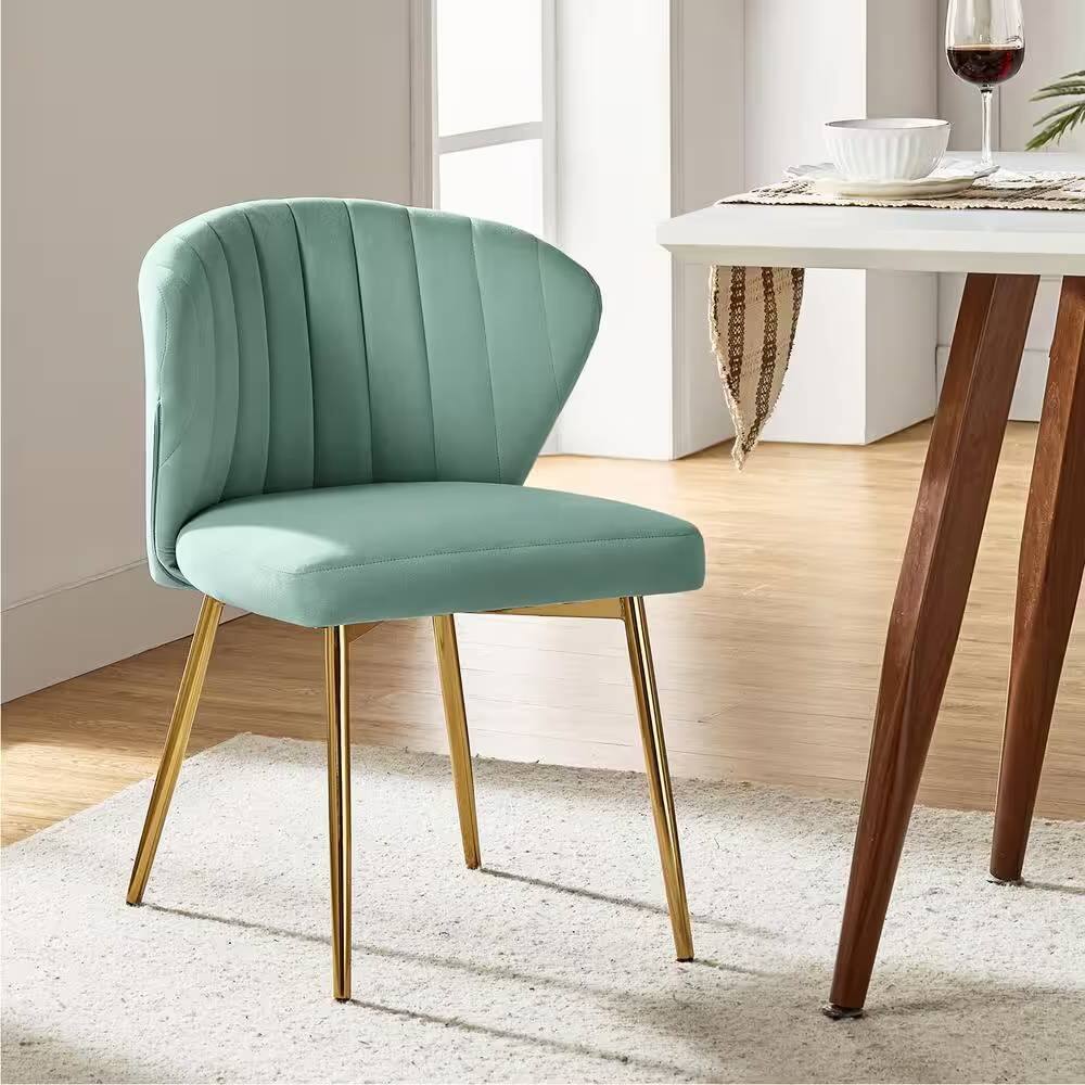 Angle. Hivvago - Sage Green Velvet Upholstered Wingback Accent Side Chair with Gold Metal Legs - Green.