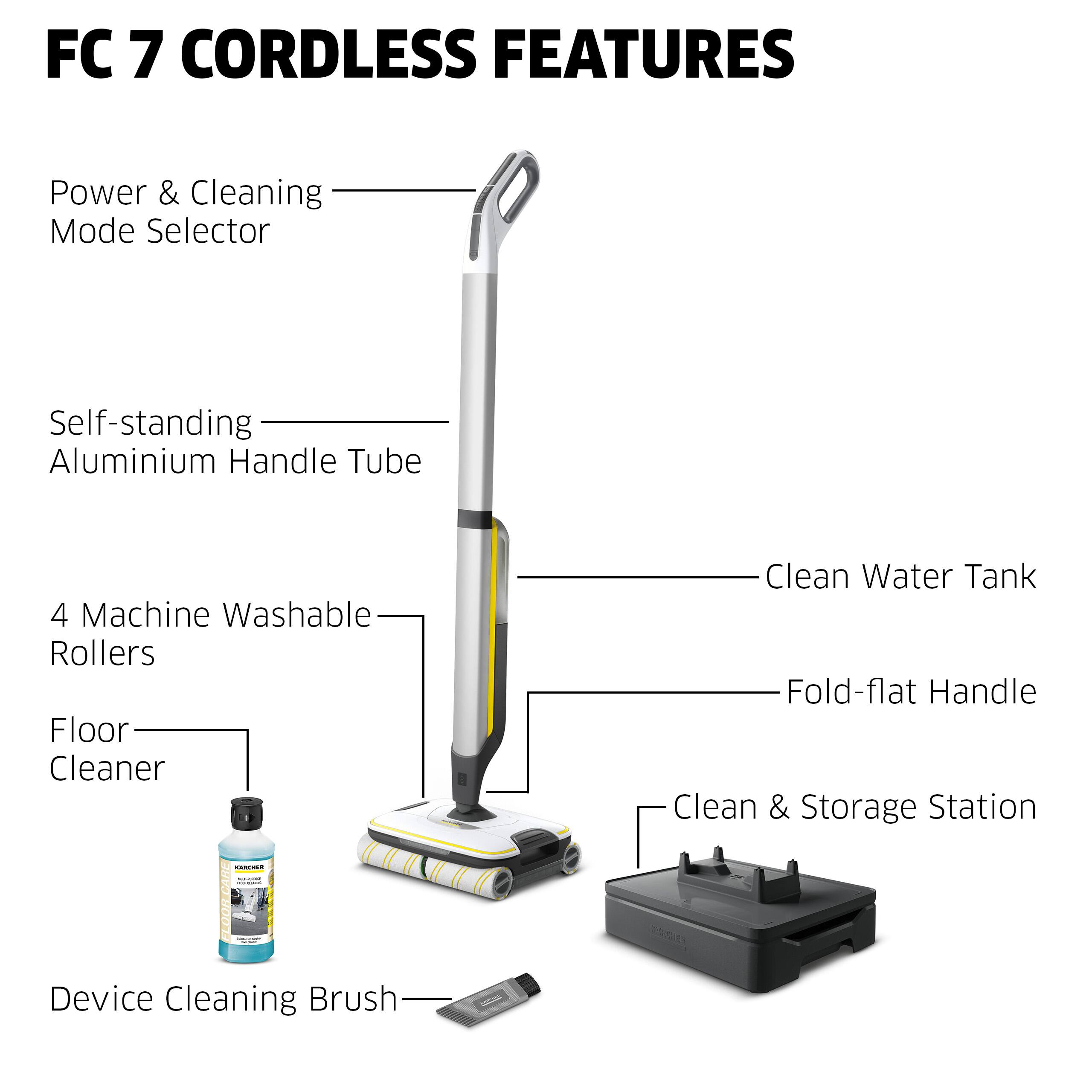 FC 7 CORDLESS FEATURES

- Power & Cleaning Mode Selector
- Self-standing Aluminium Handle Tube
- 4 Machine Washable Rollers
- Floor Cleaner
- Clean Water Tank
- Fold-flat Handle
- Clean & Storage Station
- Device Cleaning Brush