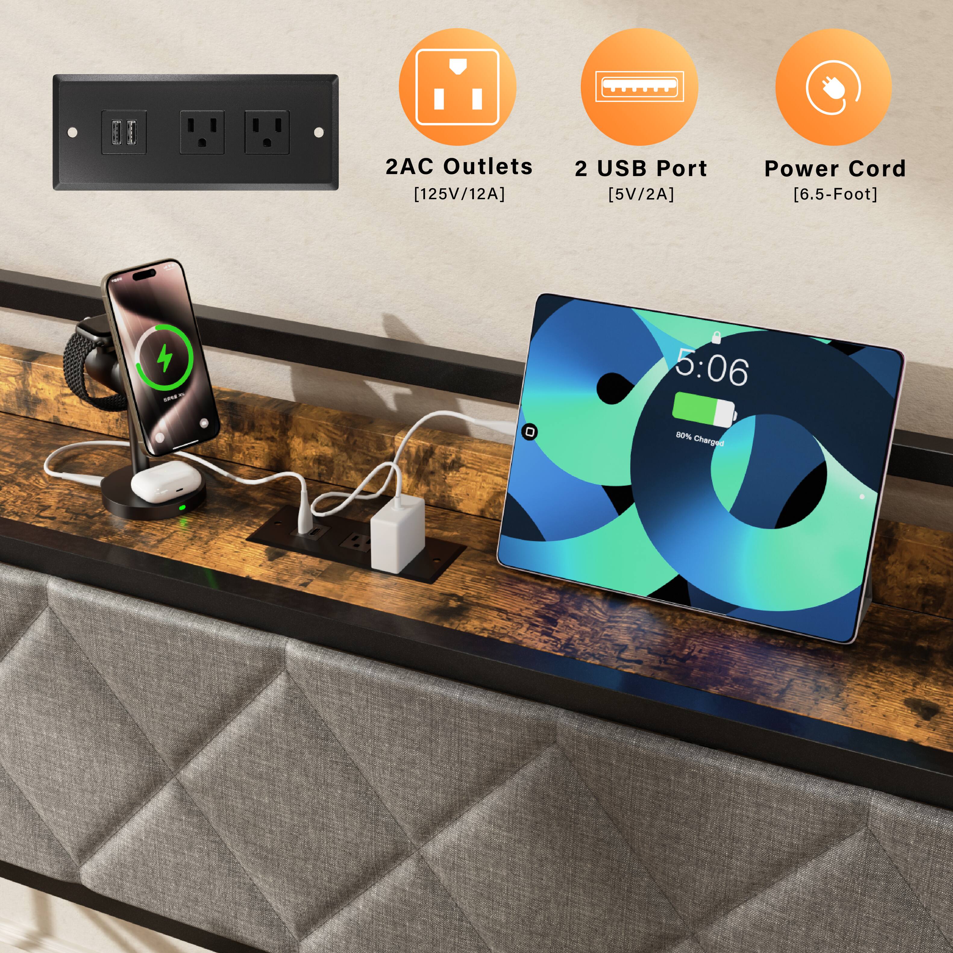 2AC Outlets [125V/12A]  
2 USB Port [5V/2A]  
Power Cord [6.5-Foot]  

4 - 5:06 D 50% Charpel