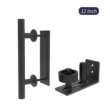 Front. Boyel Living - 12 in. Black Ladder Pull and Flush Sliding Barn Door Handle Set with Floor Guide - Black.