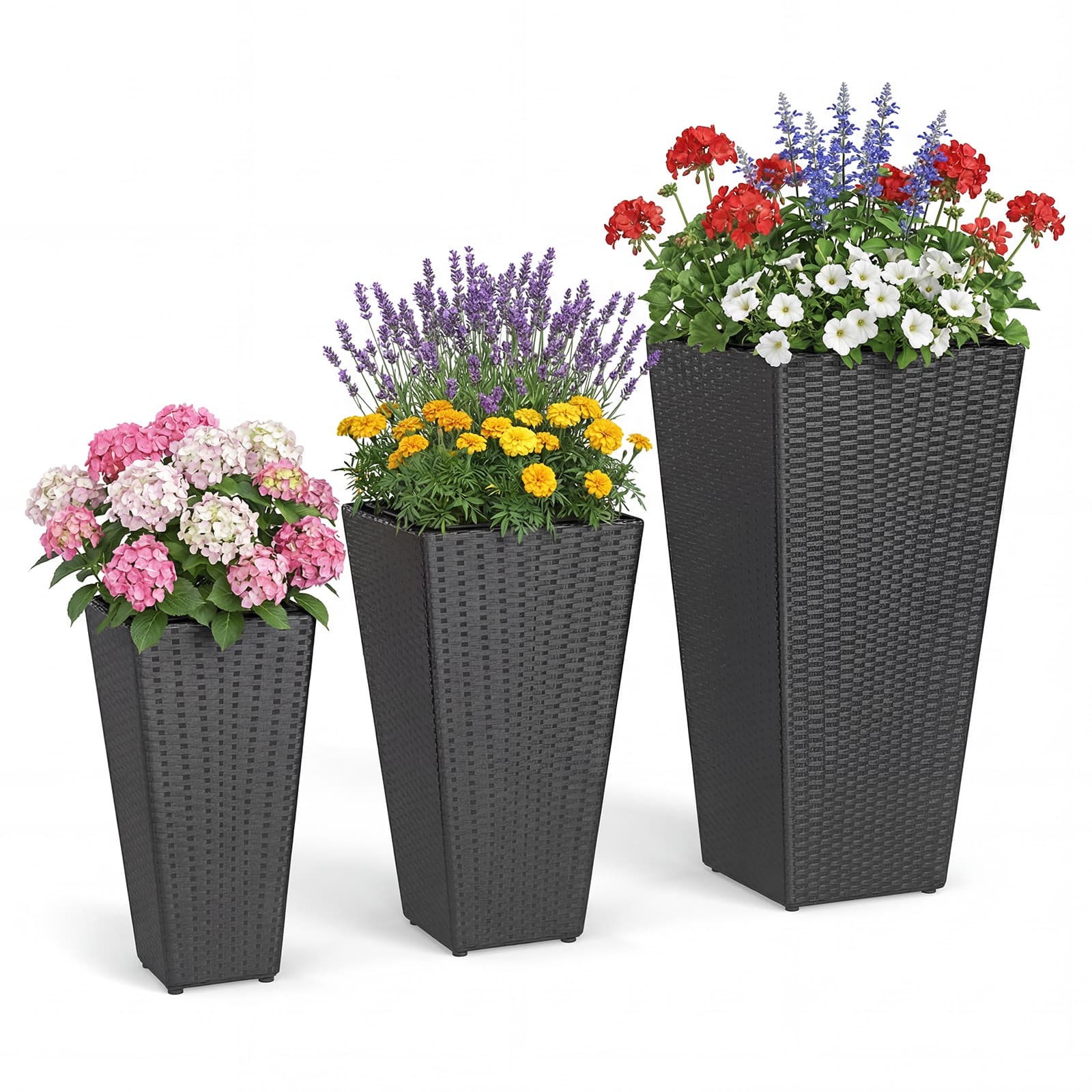 Gymax - Set of 3 Rattan Plant Pots w/Removable Plastic Liners Pre-Marked Drainage Holes - Black
