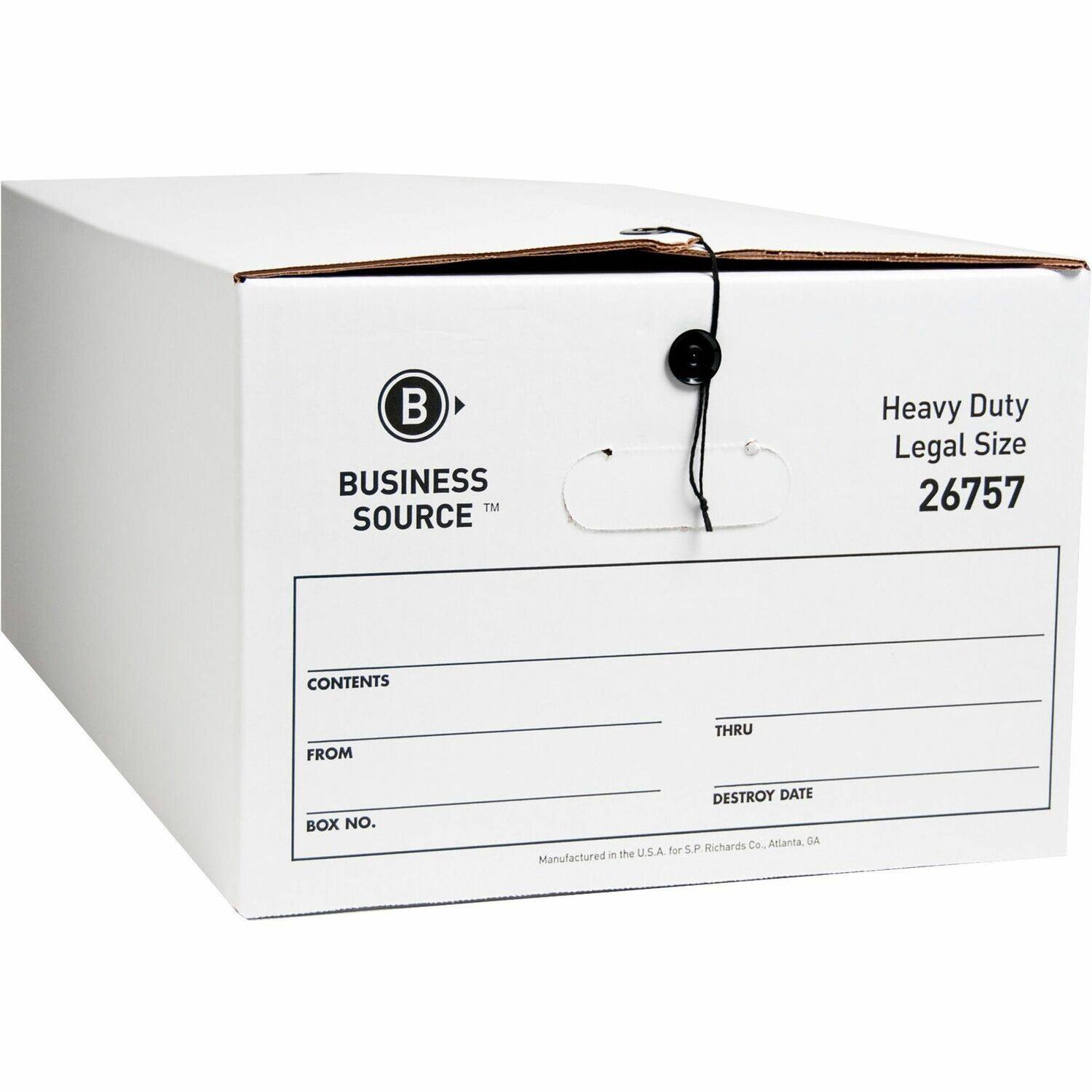 BUSINESS TM SOURCE  
Heavy Duty Legal Size 26757  
CONTENTS FROM THRU BOX NO. DESTROY DATE  
Atlanta, GA  
Manufactured in the U.S.A. for S.P. Richards Co.