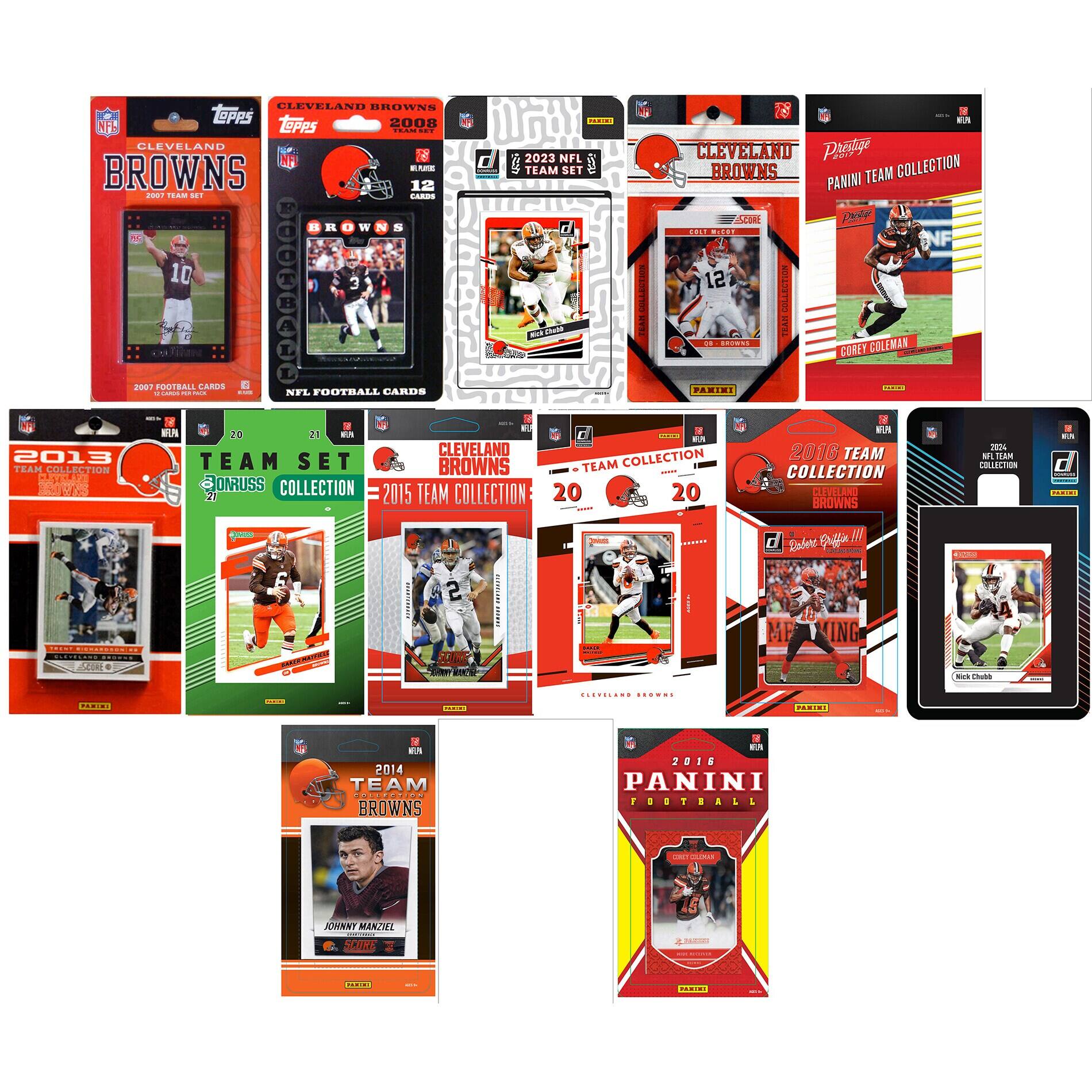 Sure, here is the corrected and grouped text from the image:

---

**Topps 2008 NFL Football Cards**
- Cleveland Browns
- 2007 Team Set
- 12 Cards

**Topps 2013 NFL Football Cards**
- Cleveland Browns
- 2013 Team Collection
- 20 Cards

**Topps 2014 NFL Football Cards**
- Cleveland Browns
- 2014 Team Collection
- 20 Cards

**Panini 2015 NFL Football Cards**
- Cleveland Browns
- 2015 Team Collection
- 20 Cards

**Panini 2016 NFL Football Cards**
- Cleveland Browns
- 2016 Team Collection
- 20 Cards

**Panini 2016 NFL Football Cards**
- Cleveland Browns
- 2016 Team Collection
- 20 Cards

**Panini 2016 NFL Football Cards**
- Cleveland Browns
- 2016 Team Collection
- 20 Cards

**Panini 2016 NFL Football Cards**
- Cleveland Browns
- 2016 Team Collection
- 20 Cards

**Panini 2016 NFL Football Cards**
- Cleveland Browns
- 2016 Team Collection
- 20 Cards

**Panini 2016 NFL Football Cards**
- Cleveland Browns
- 2016 Team Collection
- 20 Cards

**Panini 2016 NFL Football Cards**
- Cleveland Browns
- 2016 Team Collection
- 20 Cards

**Panini 2016 NFL Football Cards**
- Cleveland Browns
- 2016 Team Collection
- 20 Cards

**Panini 2016 NFL Football Cards**
- Cleveland Browns
- 2016 Team Collection
- 20 Cards

**Panini 2016 NFL Football Cards**
- Cleveland Browns
- 2016 Team Collection
- 20 Cards

**Panini 2016 NFL Football Cards**
- Cleveland Browns
- 2016 Team Collection
- 20 Cards

**Panini 2016 NFL Football Cards**
- Cleveland Browns
- 2016 Team Collection
- 20 Cards

**Pan