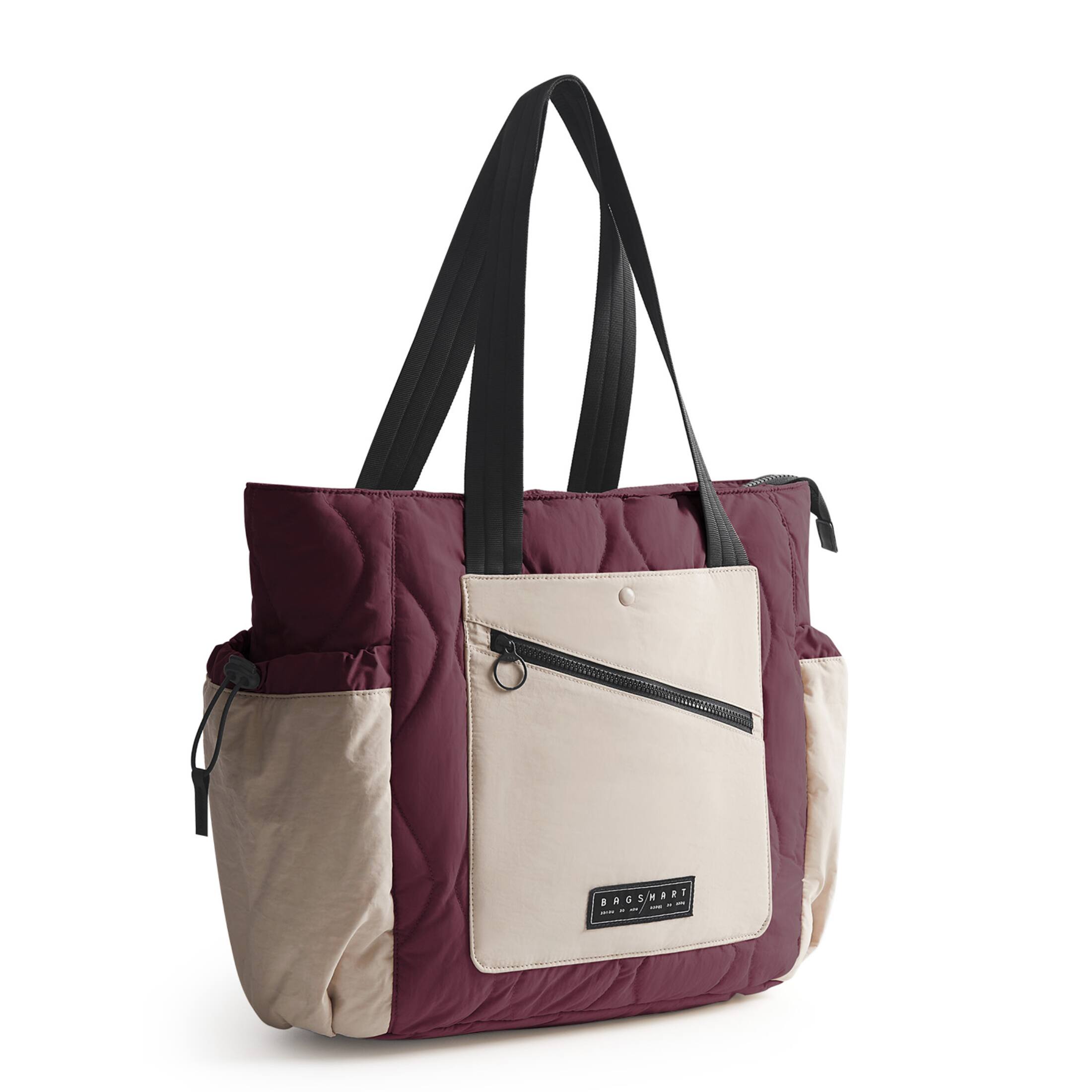 Angle. Bagsmart - Paz 23L Quilted Travel Tote Bag, Lightweight Work Shoulder Bag with 15.6 Inch Laptop Compartment, Casual Daypack Handbag - Burgundy.