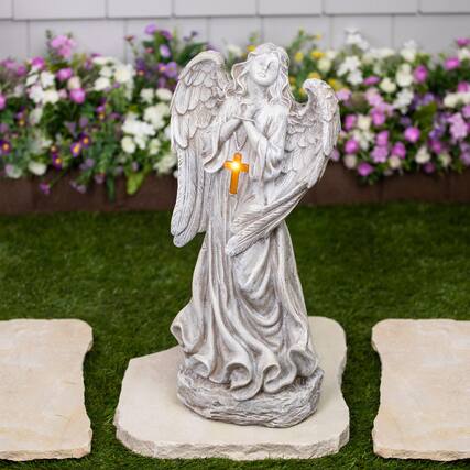 Front. Northlight - LED Solar Lighted Angel with Cross Garden Statue - 19" - Beige.