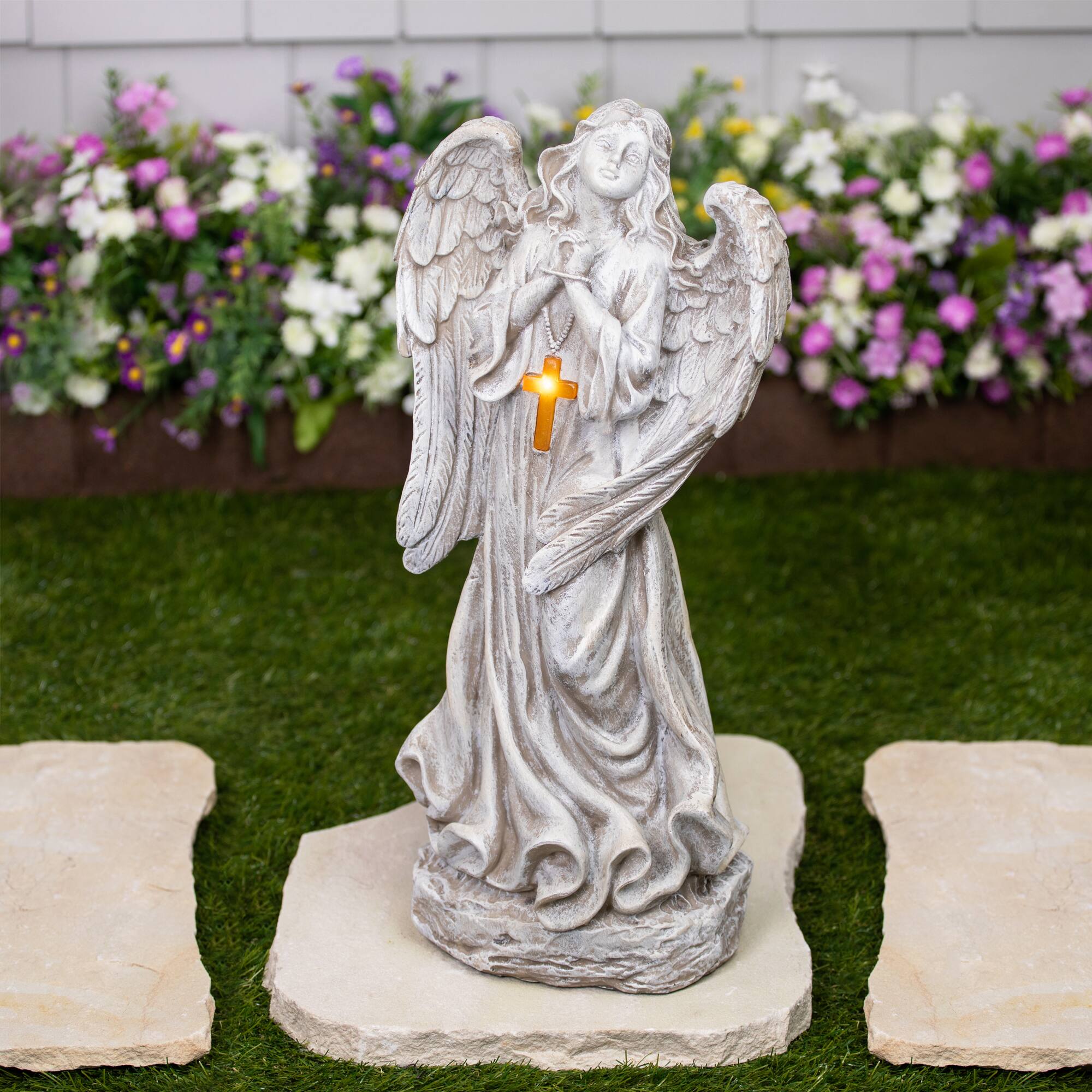 Front. Northlight - LED Solar Lighted Angel with Cross Garden Statue - 19" - Beige.