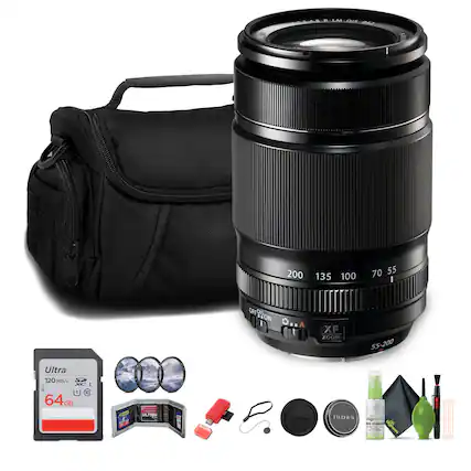 - Lens: XF 55-200mm
- Memory Card: Ultra 64GB 120MB/s
- Accessories: Cleaning kit, lens hood, lens cap, tripod mount, USB cable, cleaning cloth, lens cleaning solution