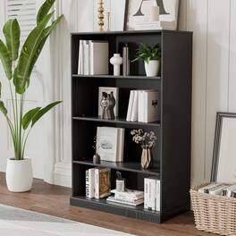 PexFix - 49 in. 4-Shelf Solid Wood Storage Bookcase Farmhouse Multi-Functional Display Cabinet Furniture with Adjustable Shelves - Black