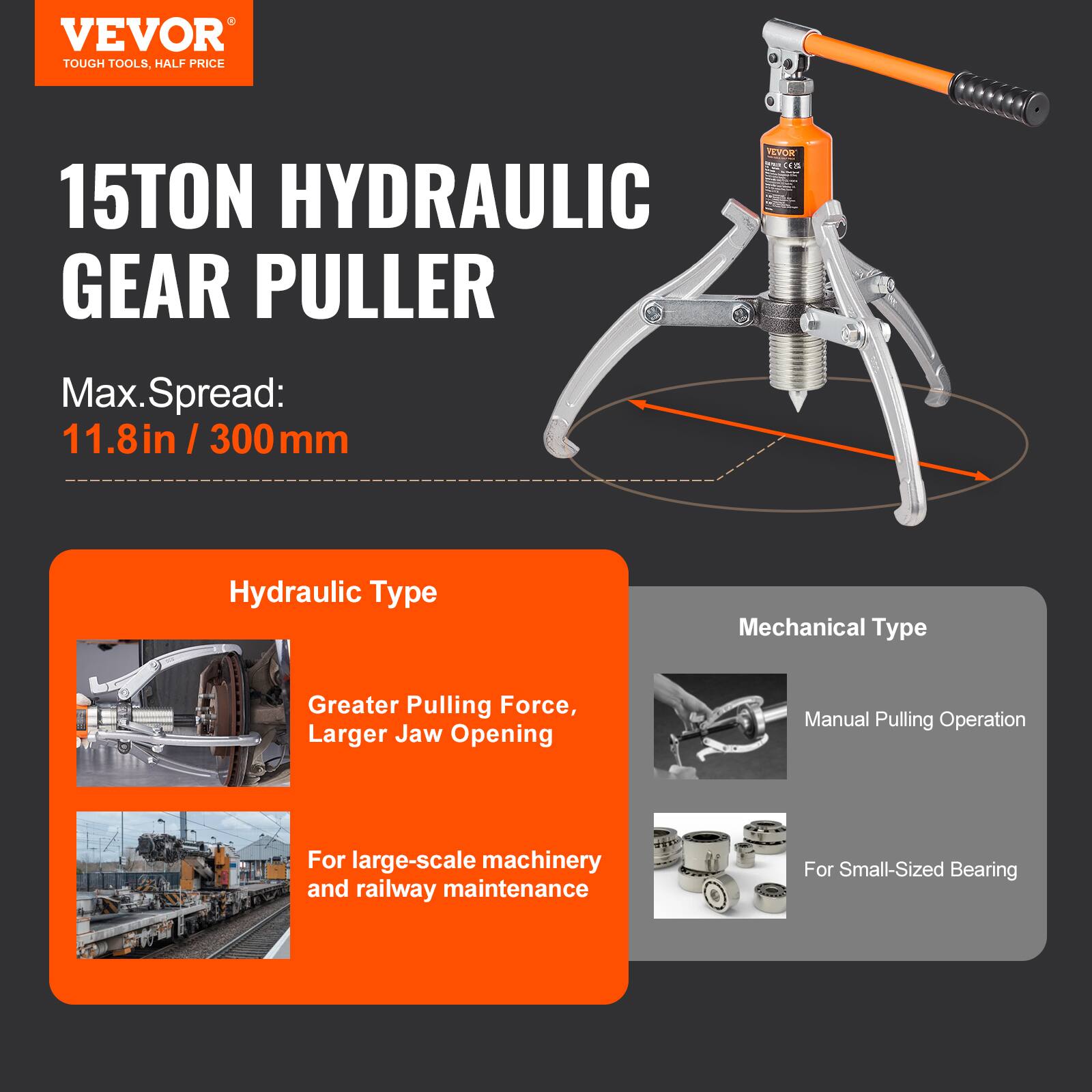 VEVOR TOUGH TOOLS, HALF PRICE

15TON HYDRAULIC GEAR PULLER

Max. Spread: 11.8in / 300mm

Hydraulic Type
- Greater Pulling Force
- Larger Jaw Opening
- For large-scale machinery and railway maintenance

Mechanical Type
- Manual Pulling Operation
- For Small-Sized Bearing