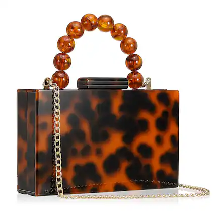 Front. Unique Bargains - Evening Clutch Bag, Acrylic Purse Marbling Handbag for Women Crossbody with Pearl Chain for Formal Wedding - Leopard.