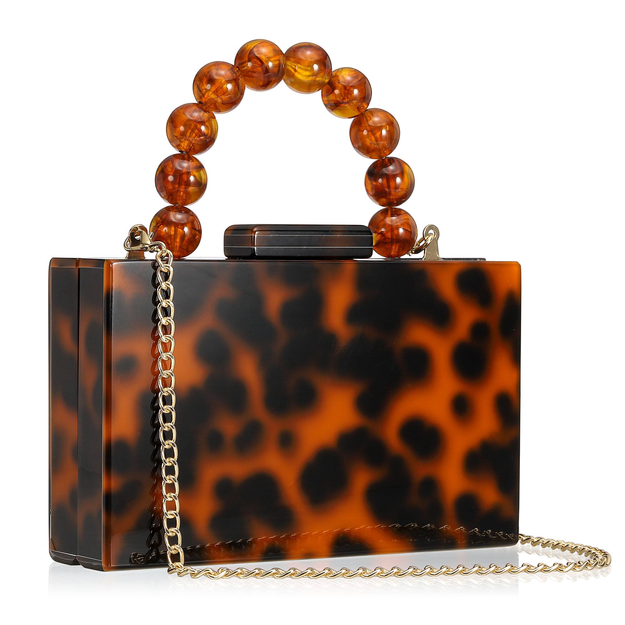 Front. Unique Bargains - Evening Clutch Bag, Acrylic Purse Marbling Handbag for Women Crossbody with Pearl Chain for Formal Wedding - Leopard.