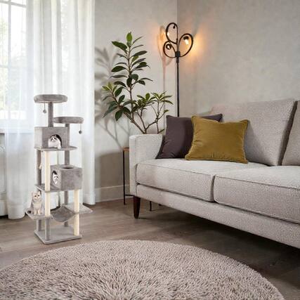 Front. BreeBe - Large Indoor Cat Tree Featuring 2 Hideouts and Soft Plush Perches, 84 Inches - Gray.