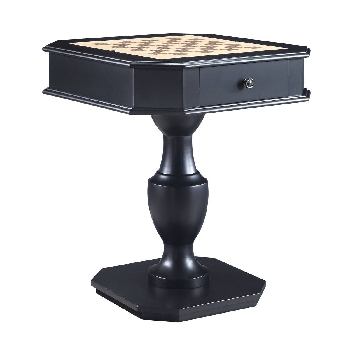 Left. Bothwa Home - Wood Pedestal Game Table with Reversible Chess Checkers Backgammon Top and Storage Drawer - Black.