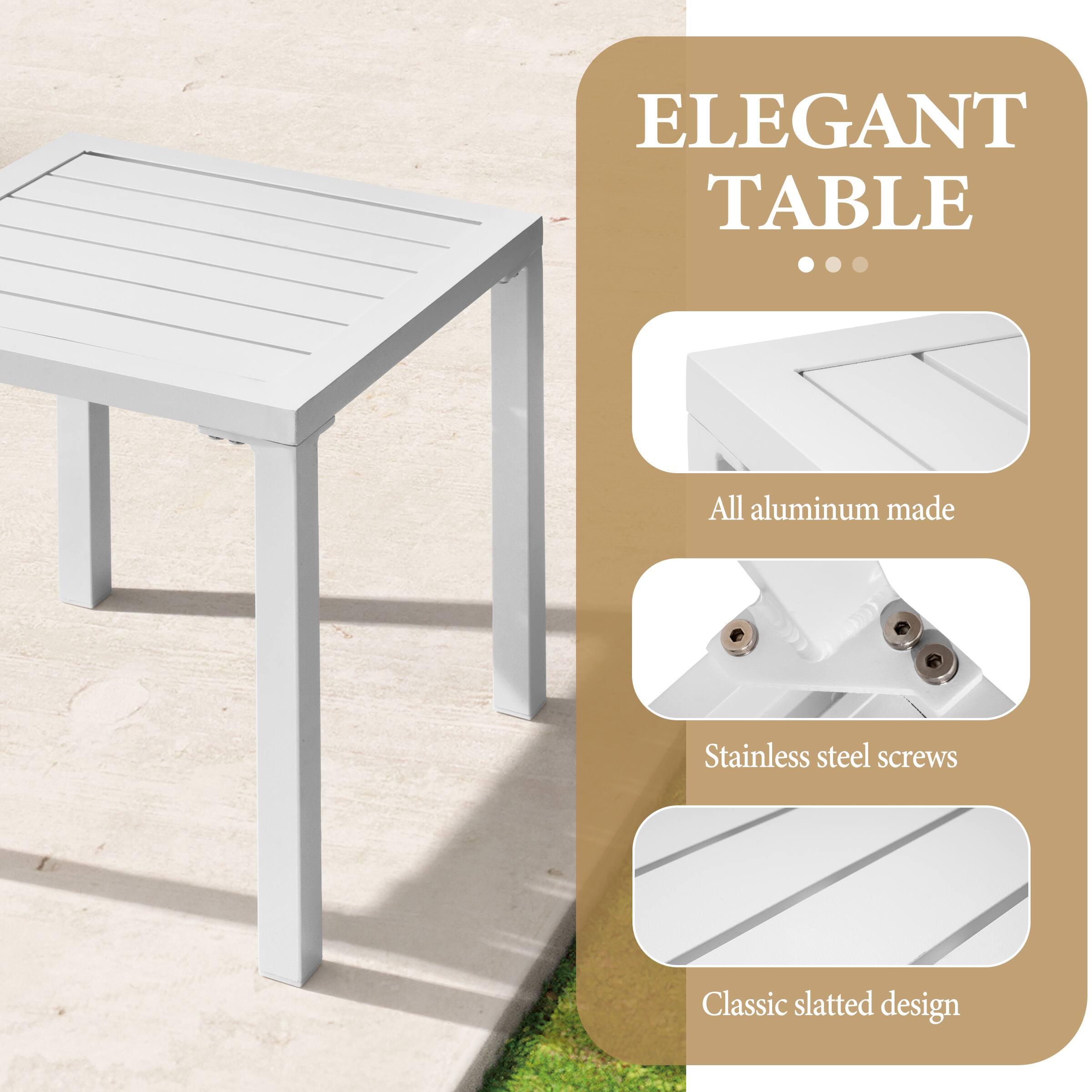 ELEGANT TABLE

- All aluminum made
- Stainless steel screws
- Classic slatted design