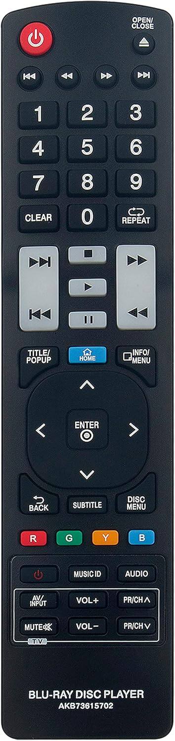 OPEN/CLOSE
1 2 3 4 5 6 7 8 9 CLEAR 0 REPEAT
TITLE/POPUP HOME INFO/MENU
ENTER BACK SUBTITLE DISC MENU
R G Y B
MUSICID AUDIO AV/INPUT VOL+ PR/CH MUTE VOL- PR/CH TV
BLU-RAY DISC PLAYER
AKB73615702