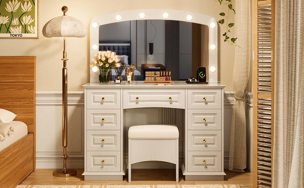 Alt View 1. Lirago - Luxurious White Wood Makeup Vanities Dresser Table Desk  53.54"H x 15.75"D x 44.2"W - White.
