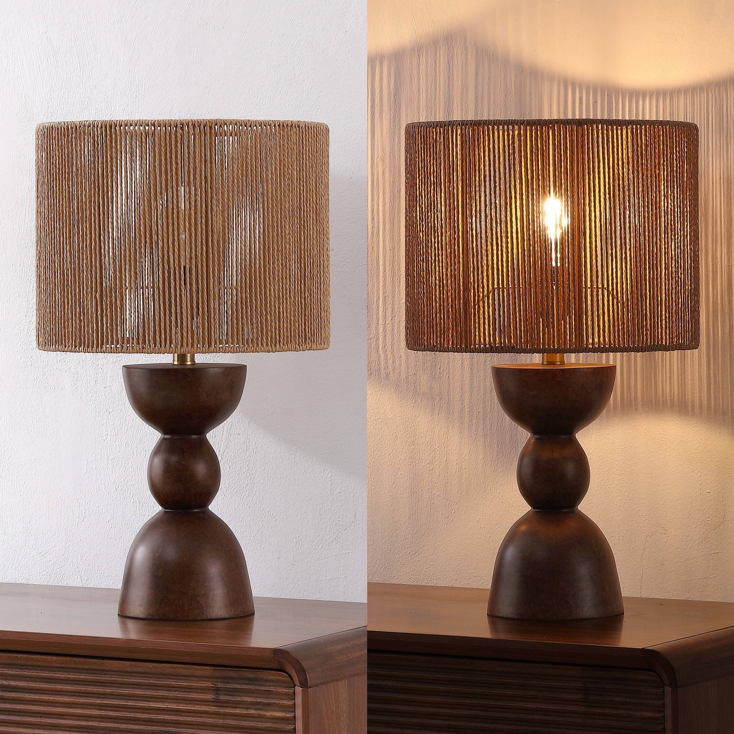 Alt View 6. Jonathan Y - Sherry 22 in. Bohemian Hourglass Totem Resin with Hand-Woven Paper Rope Drum Shade LED Table Lamp, Dark Brown (Set of 2) - Dark Brown.