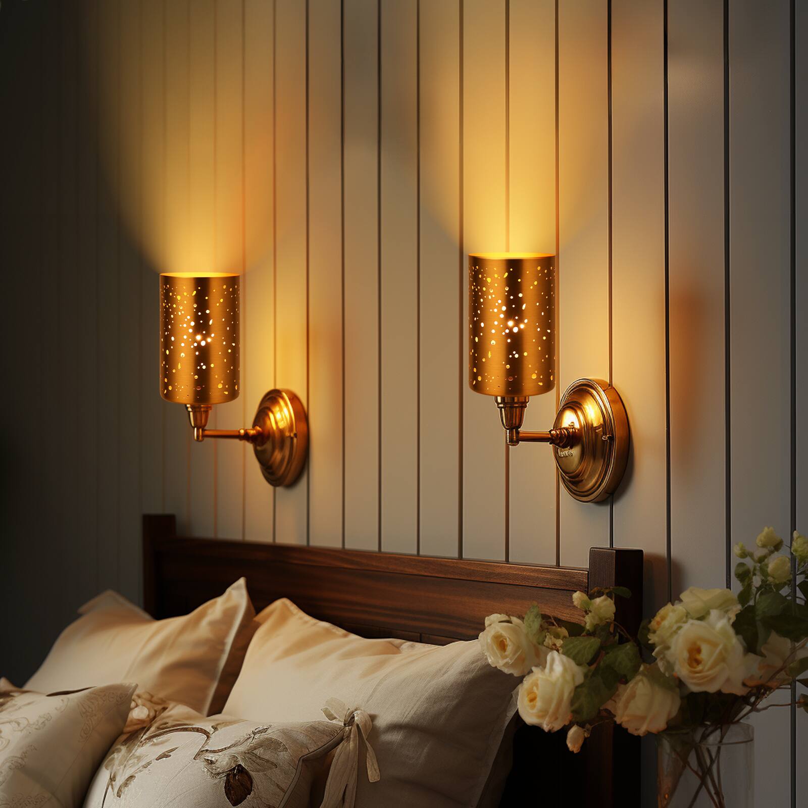 Alt View 2. Alucset - 4 Pack Pendant Light Shades, Laser Starry Sky Design Cylinder Metal Lampshades with Antique Brass Exterior Gold Interior - Antique Brass & Gold.