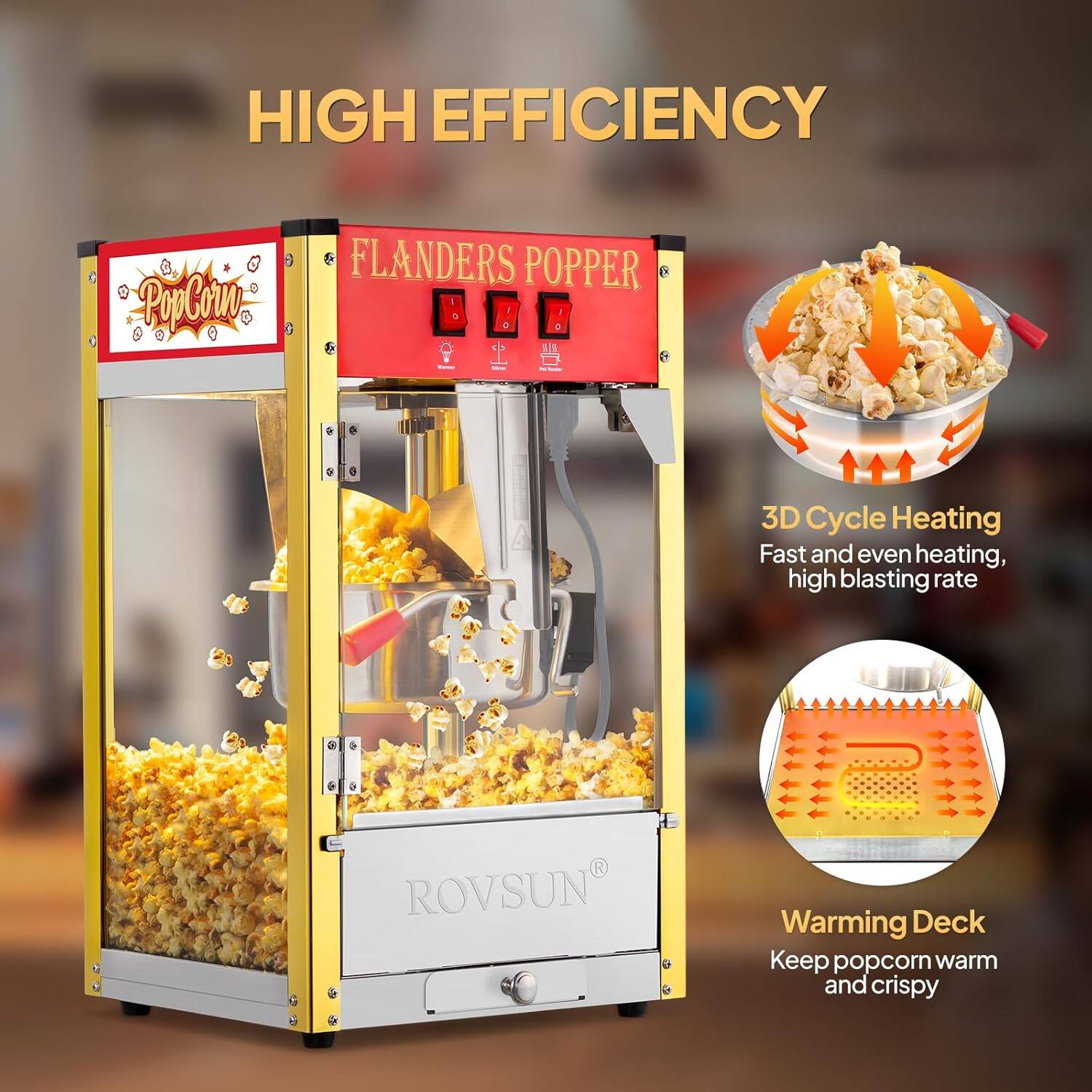 HIGH EFFICIENCY

FLANDERS POPPER

PopCorn

3D Cycle Heating
Fast and even heating, high blasting rate

Warming Deck
Keep popcorn warm and crispy

ROVSUN