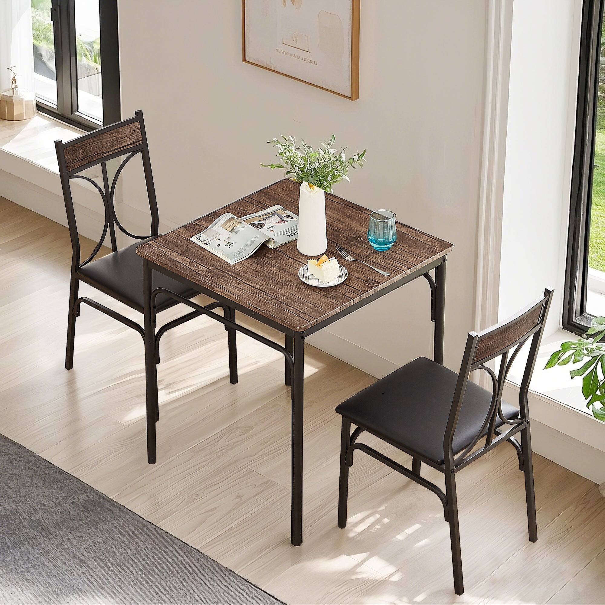 Alt View 2. Vecelo - 3-Piece Dining Set - Durable Metal & MDF Table with 2 Pu Lether Chairs - Brown.