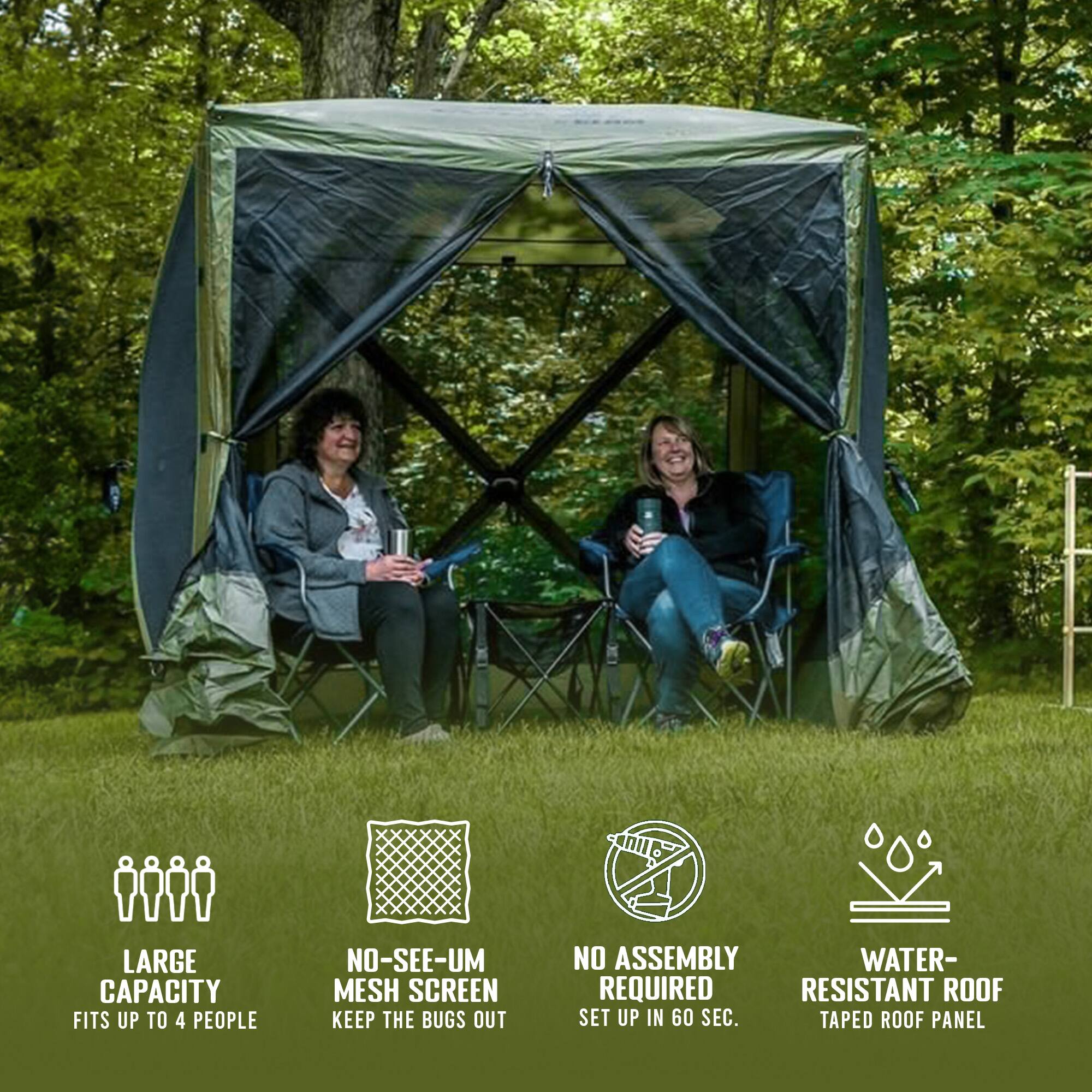LARGE CAPACITY FITS UP TO 4 PEOPLE  
NO-SEE-UM MESH SCREEN KEEP THE BUGS OUT  
NO ASSEMBLY REQUIRED  
WATER-RESISTANT ROOF SET UP IN 60 SEC.  
TAPED ROOF PANEL