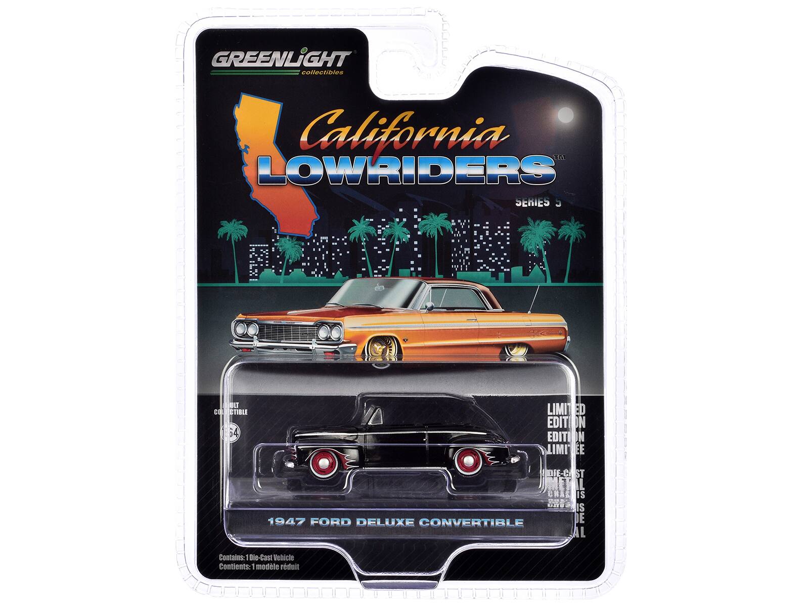 GREENLIGHT collectibles  
California LOWRIDERS  
Series 5  

1947 FORD DELUXE CONVERTIBLE  

Contains: 1 Die-Cast Vehicle  
Contiens: 1 modèle réduit  

LIMITED EDITION  
ÉDITION LIMITÉE  

Collectible  
Collectible  

Die-Cast  
Die-Cast  

1:64