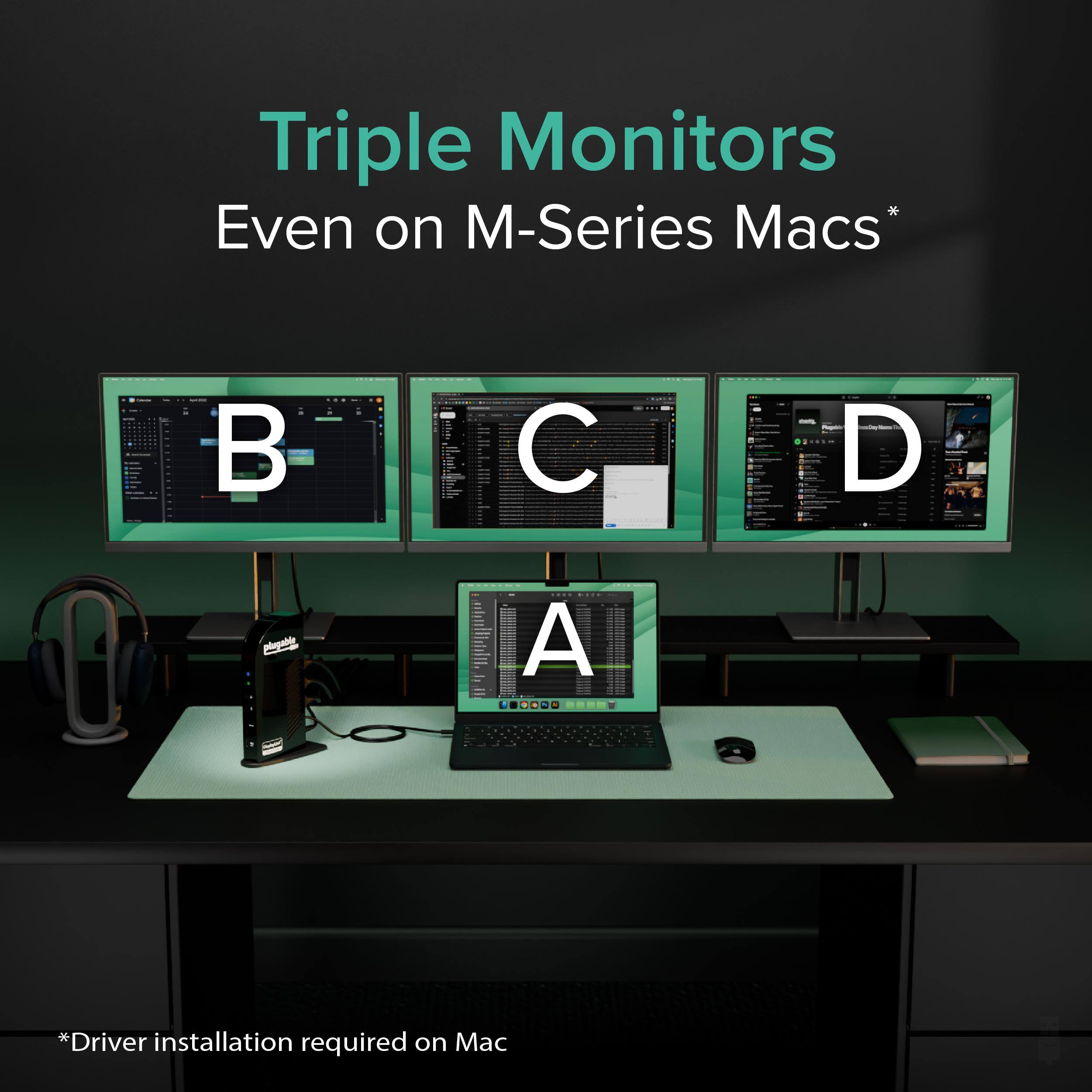 Triple Monitors Even on M-Series Macs*  
*Driver installation required on Mac