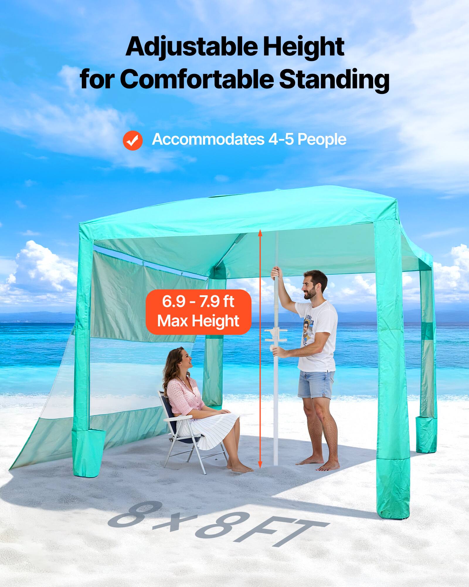 Adjustable Height for Comfortable Standing  
Accommodates 4-5 People  
6.9 - 7.9 ft Max Height  
8x8 FT