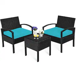 Kadyn - 3 Pc Patio Conversation Bistro Set with Seat Cushions-Turquoise Outdoor Rattan Patio Conversation Set with Side Table - Blue