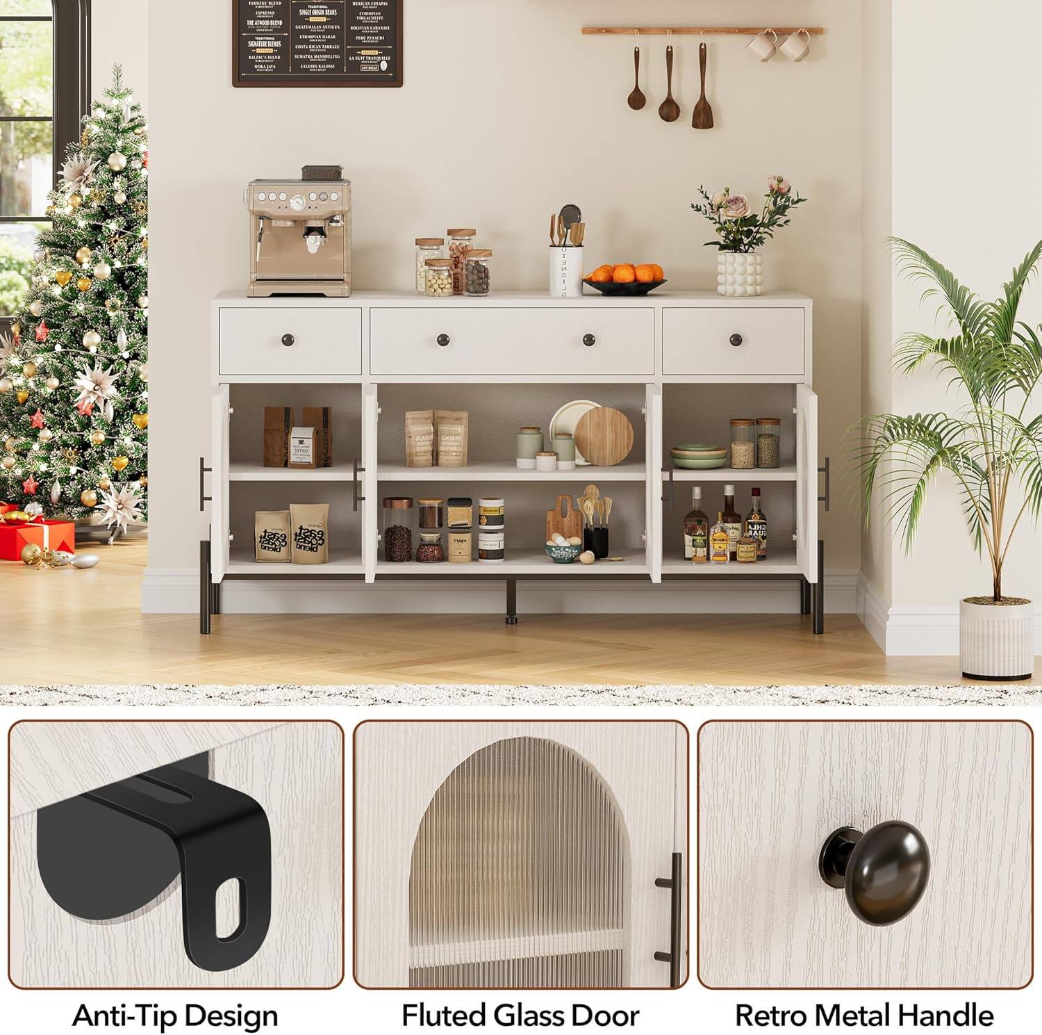 - Anti-Tip Design
- Fluted Glass Door
- Retro Metal Handle