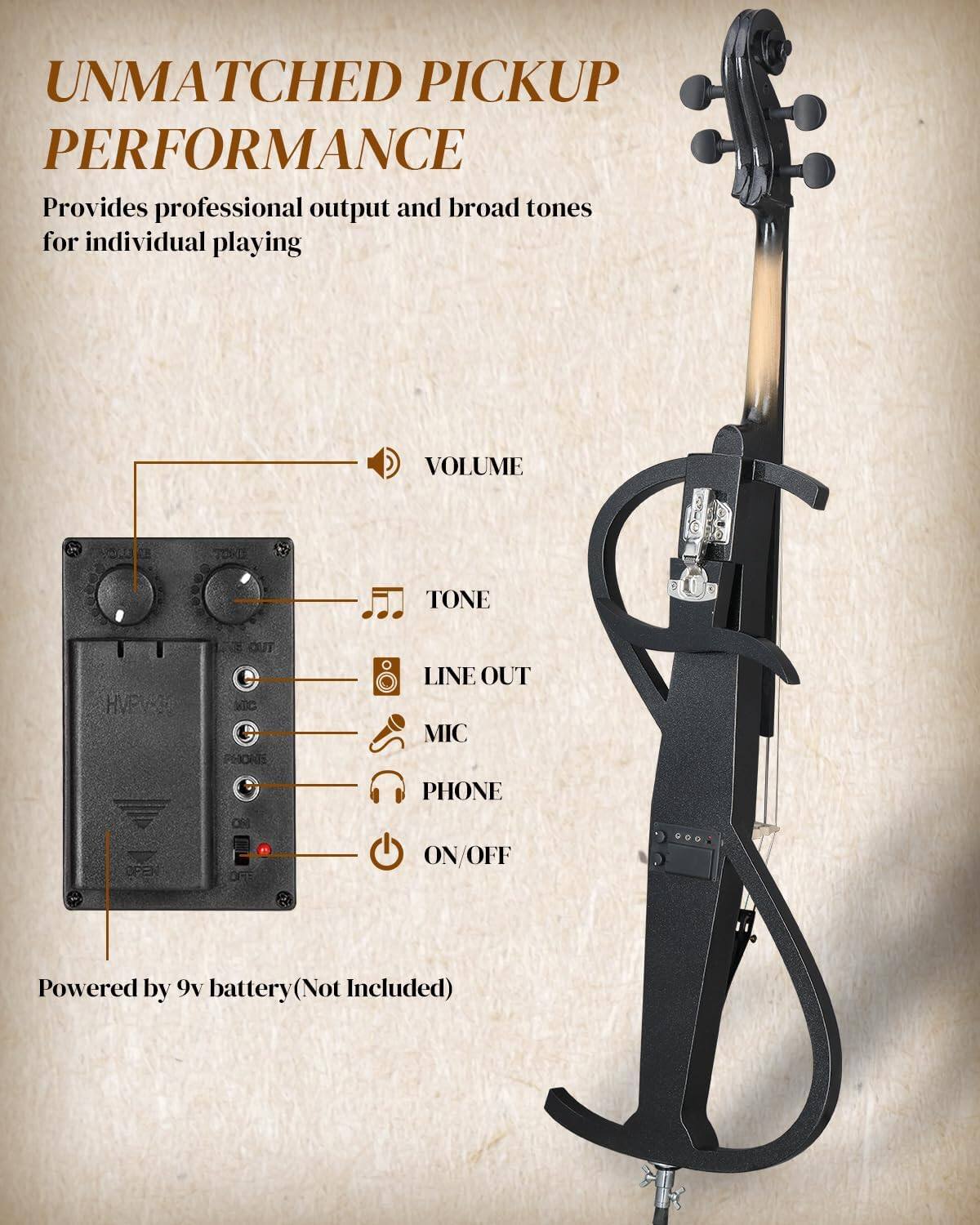 UNMATCHED PICKUP PERFORMANCE  
Provides professional output and broad tones for individual playing  

VOLUME  
TONE  
LINE OUT  
MIC  
PHONE  
ON/OFF  

Powered by 9v battery (Not Included)