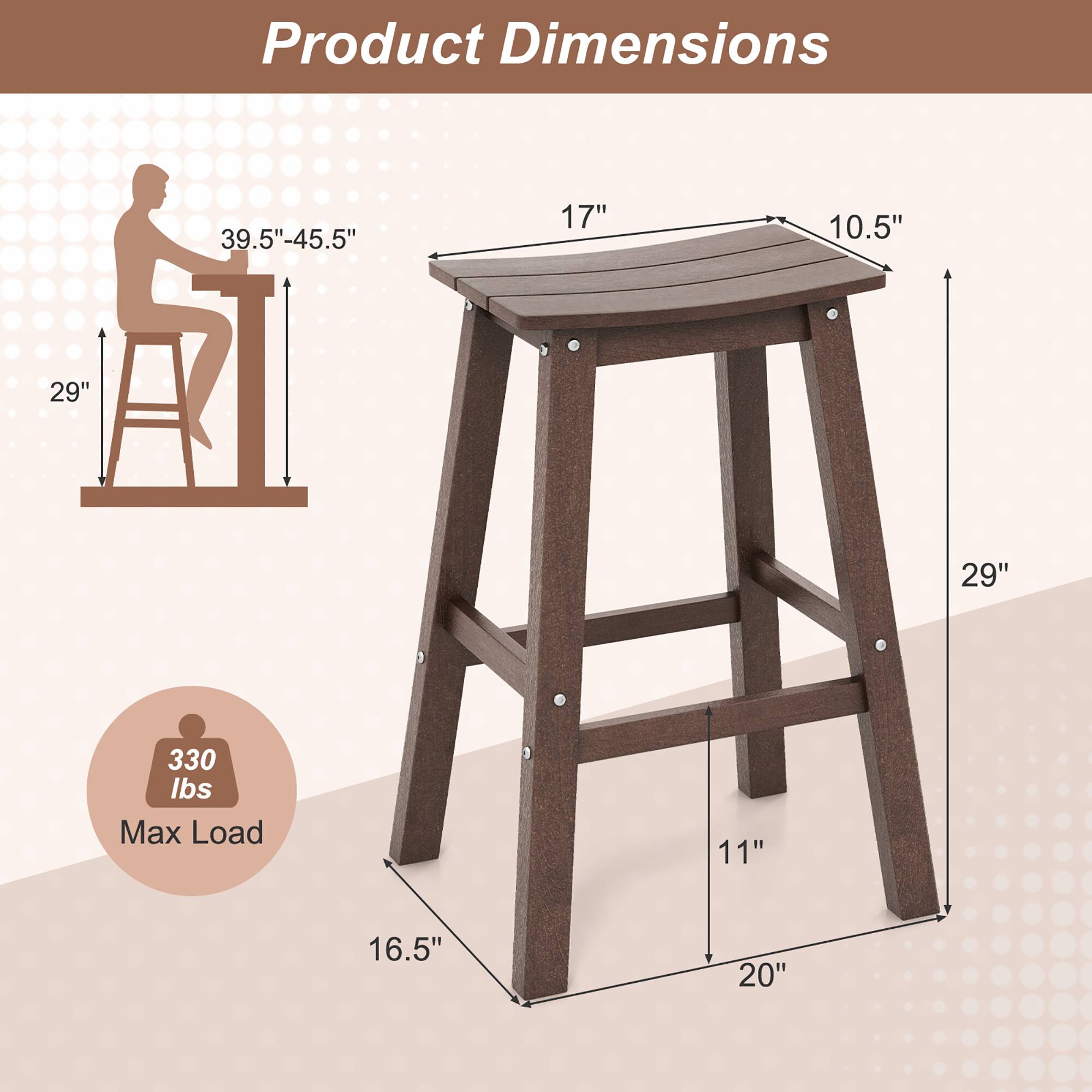 Product Dimensions: 17" x 10.5" x 29"  
Height Range: 39.5"-45.5"  
Base Dimensions: 16.5" x 20"  
Max Load: 330 lbs