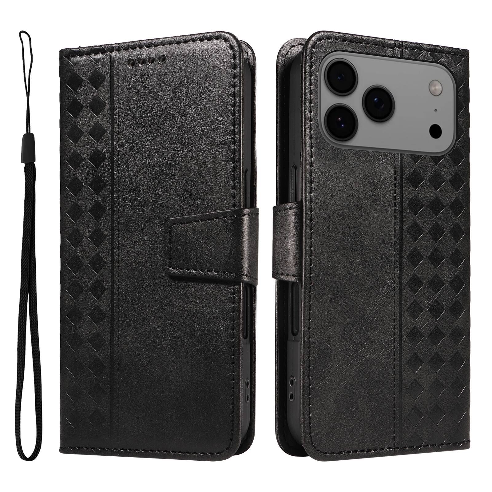 Alt View 4. Dteck - Magnetic Wallet Pocket Case For Apple iPhone 17 Pro, Shockproof Faux Leather Card Pocket Wrist Strap Cover - Black.