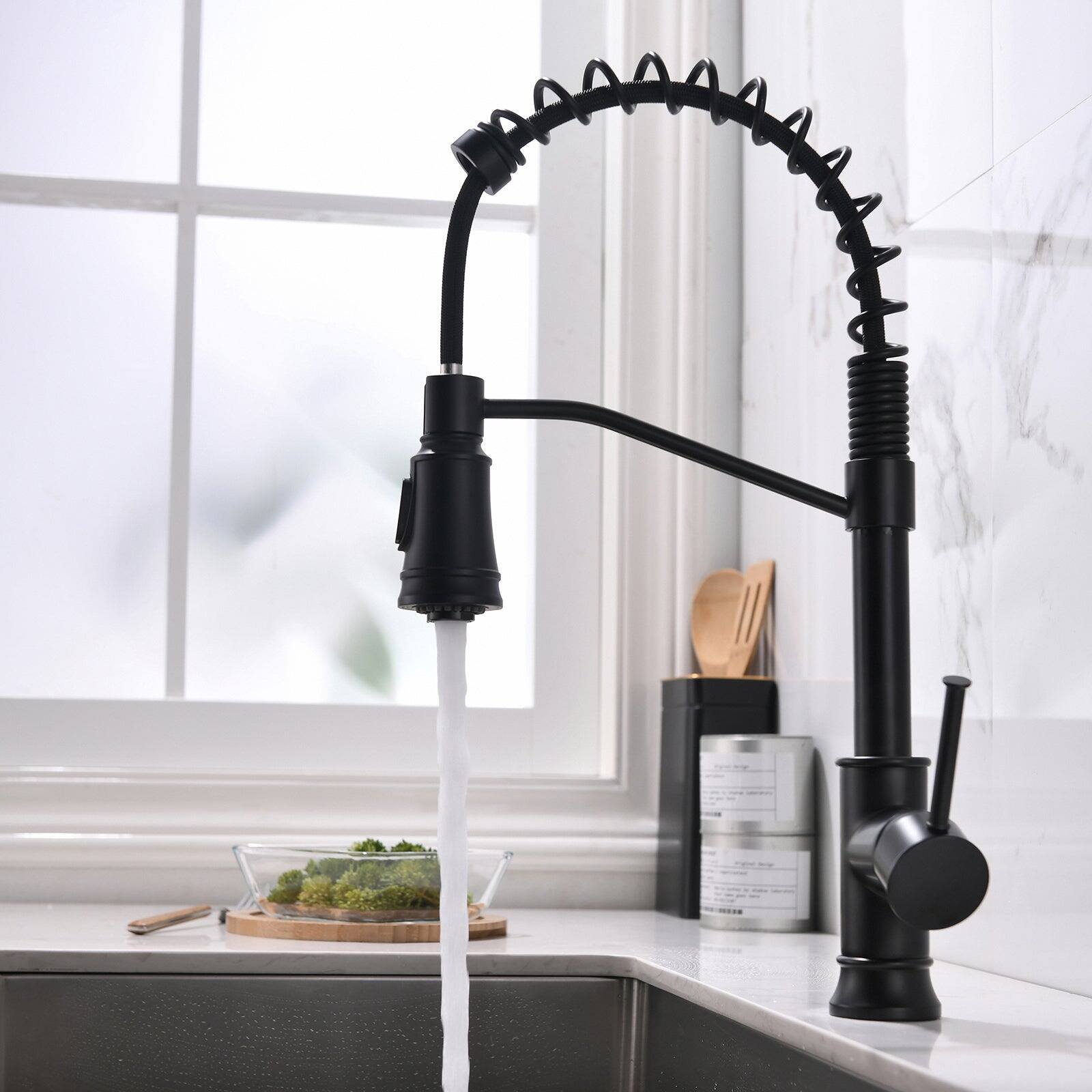 Alt View 3. Boyel Living - Matte Black Single Handle No Sensor Gooseneck Pull Down Sprayer Kitchen Faucet - Matte Black.