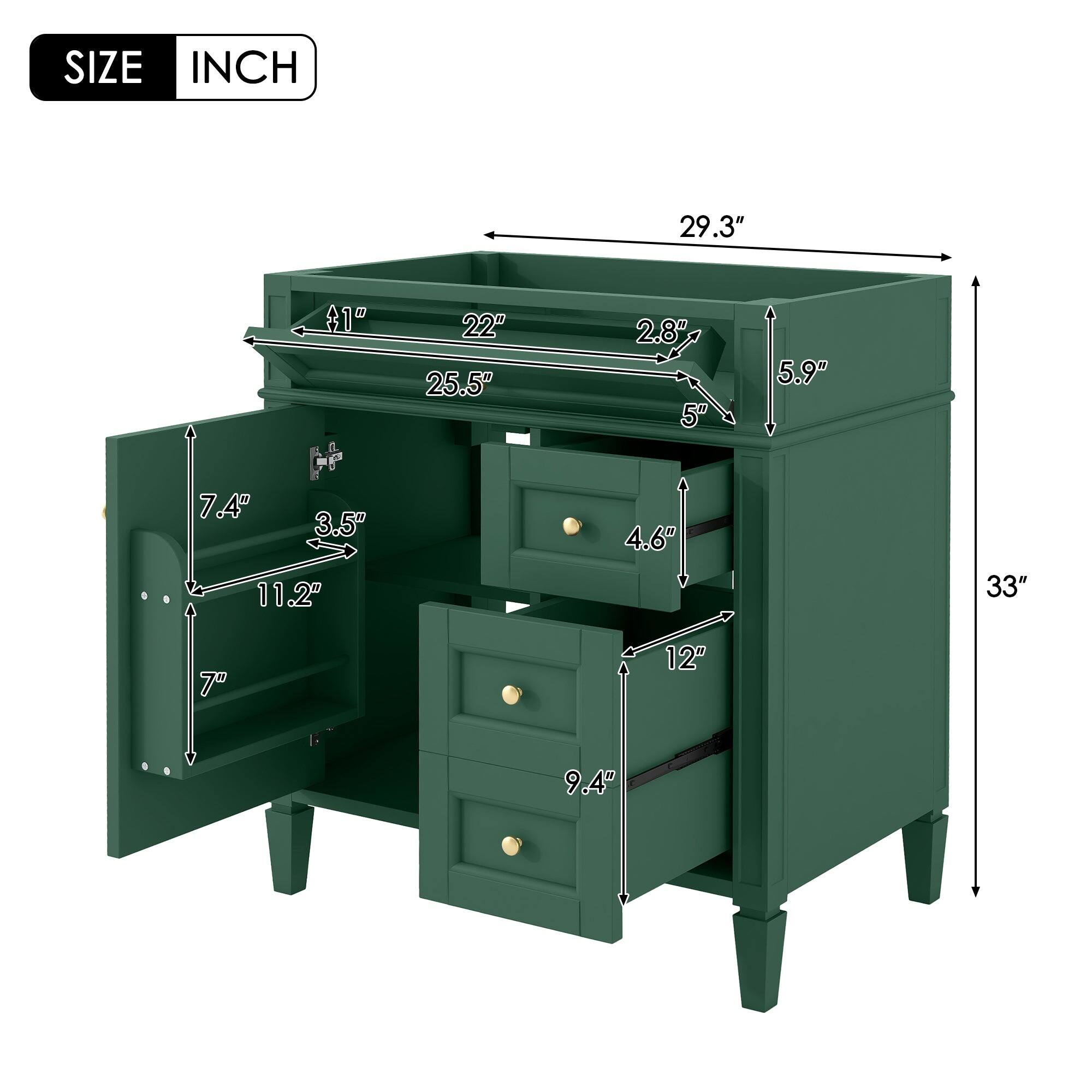 SIZE INCH  
29.3" 41" 7.4" 3.5" 11.2" 22" 25.5" 2.8" 5" 4.6" 5.9" 33" 7" 12" 9.4"