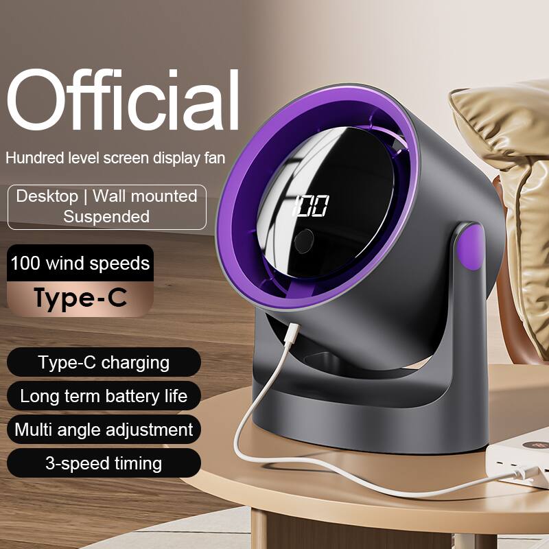 Official  
Hundred level screen display fan  
Desktop | Wall mounted | Suspended  
100 wind speeds  
Type-C  
Type-C charging  
Long term battery life  
Multi angle adjustment  
3-speed timing