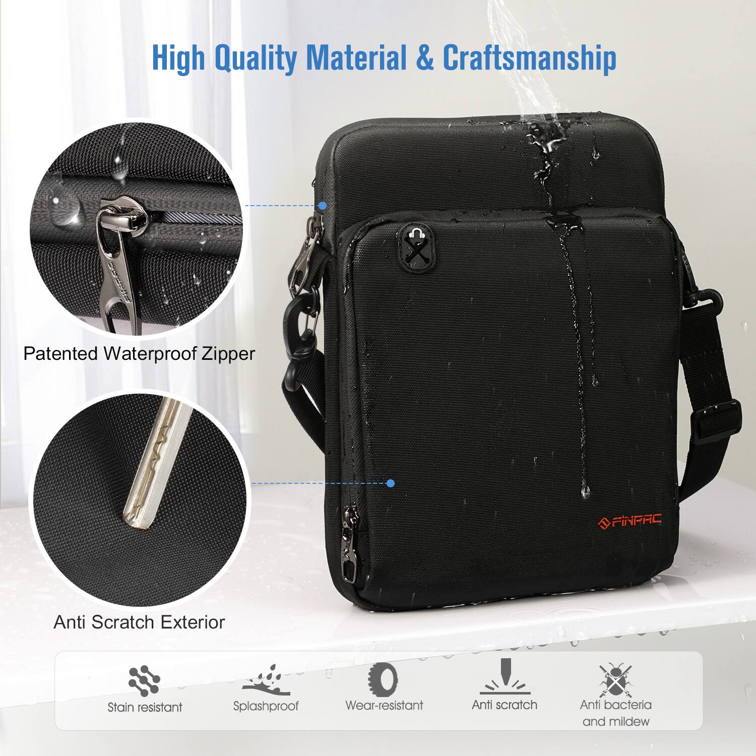 High Quality Material & Craftsmanship

Patented Waterproof Zipper

FINPAC

Anti Scratch Exterior

Stain resistant
Splashproof
Wear-resistant
Anti scratch
Anti bacteria and mildew
