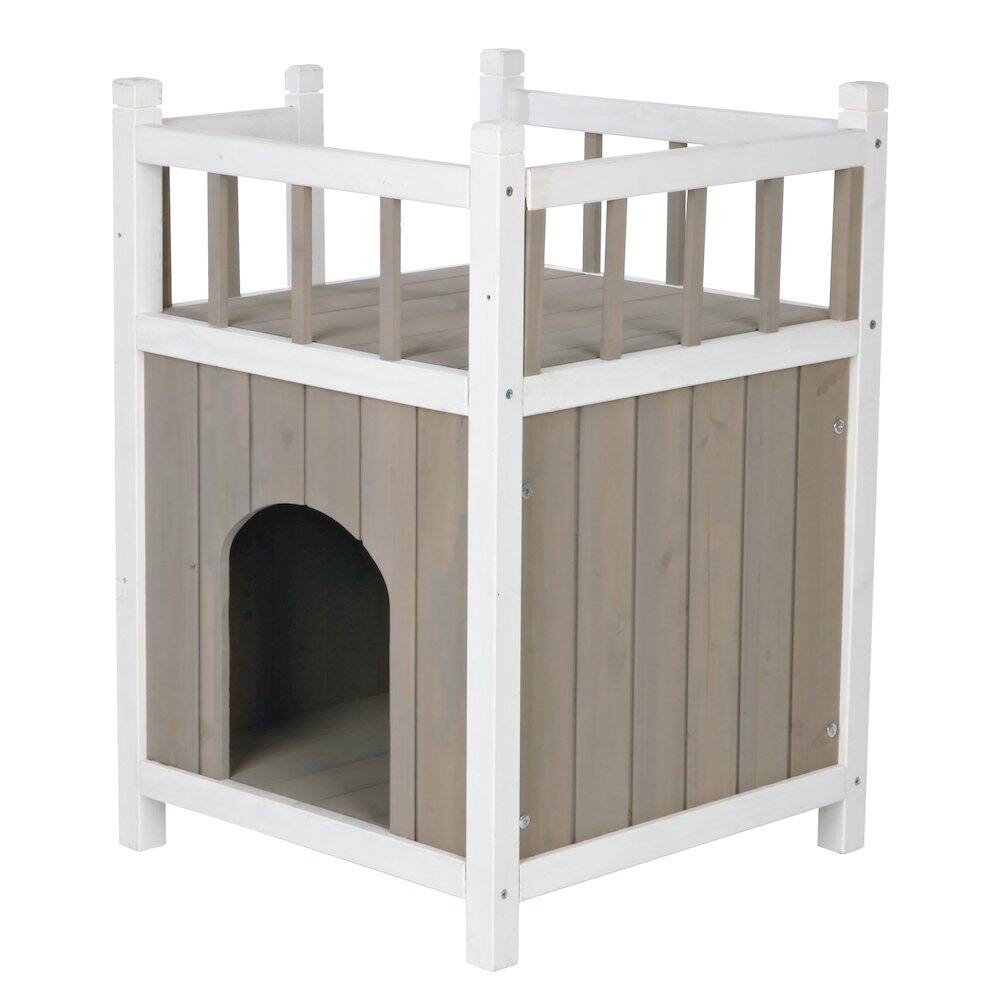 Back. TRIXIE - Natura 1-Story Weatherproof Elevated Outdoor Cat Shelter with Balcony, Gray - Gray/White.