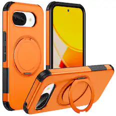 Front. Dteck - Magnetic Shockproof Case for Google Pixel 10a, 360 Rotating Ring Stand Non Slip Cover with Raised Edge Protection - Orange.