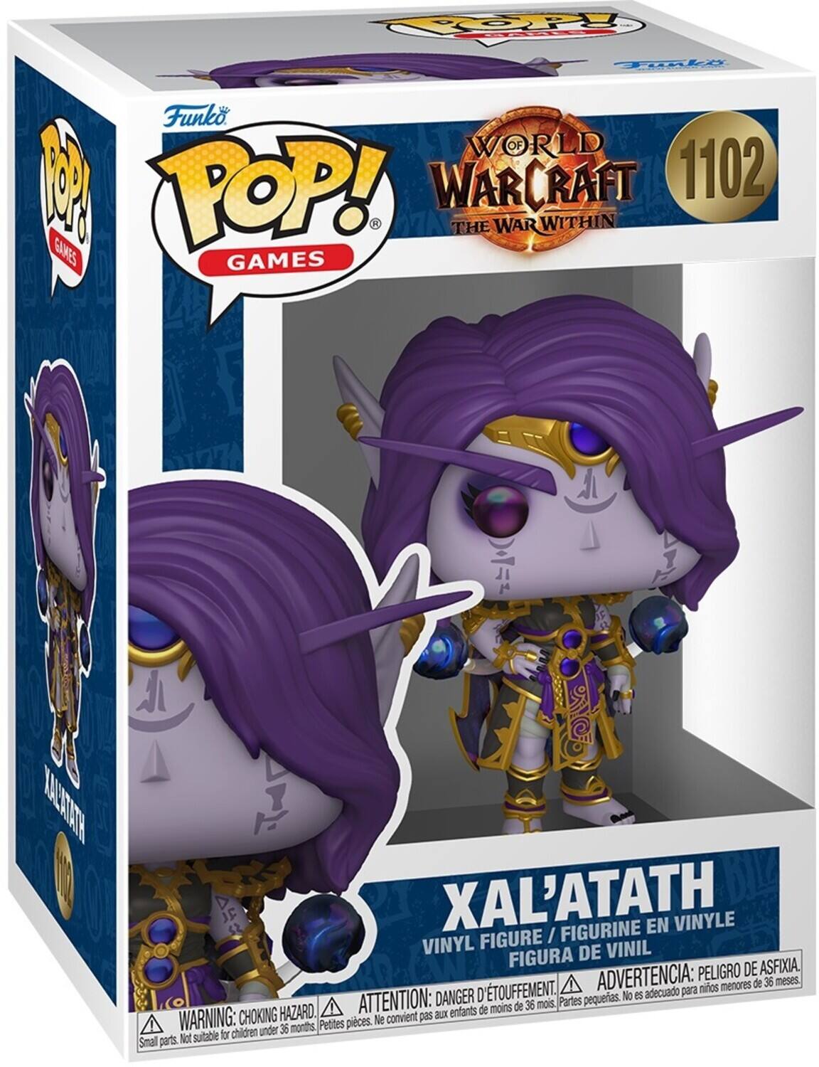 Sure, here is the corrected and grouped text from the image:

---

**Funko POP! GAMES**

**WORLD OF WARCRAFT**  
**THE WAR WITHIN**

**1102**

**XAL'ATATH**  
VINYL FIGURE / FIGURINE EN VINYLE / FIGURA DE VINIL

**WARNING: CHOKING HAZARD.**  
Small parts. Not suitable for children under 36 months.  
ATTENTION: DANGER D'ÉTOUFFEMENT.  
Petites pièces. Ne convient pas aux enfants de moins de 36 mois.  
ADVERTENCIA: PELIGRO DE ASFIXIA.  
No es adecuado para niños menores de 36 meses.

---

This text is organized to reflect the information on the packaging.