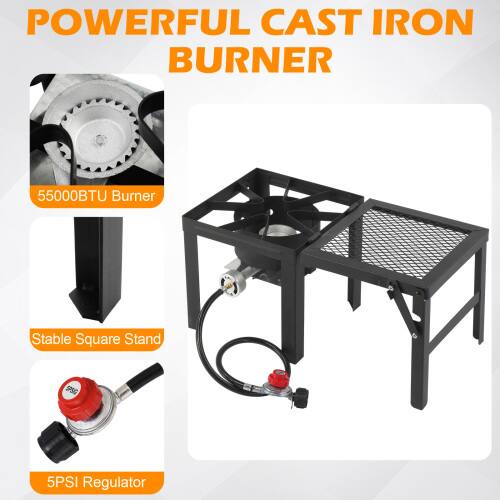 POWERFUL CAST IRON BURNER

55000BTU Burner

Stable Square Stand

5PSI Regulator