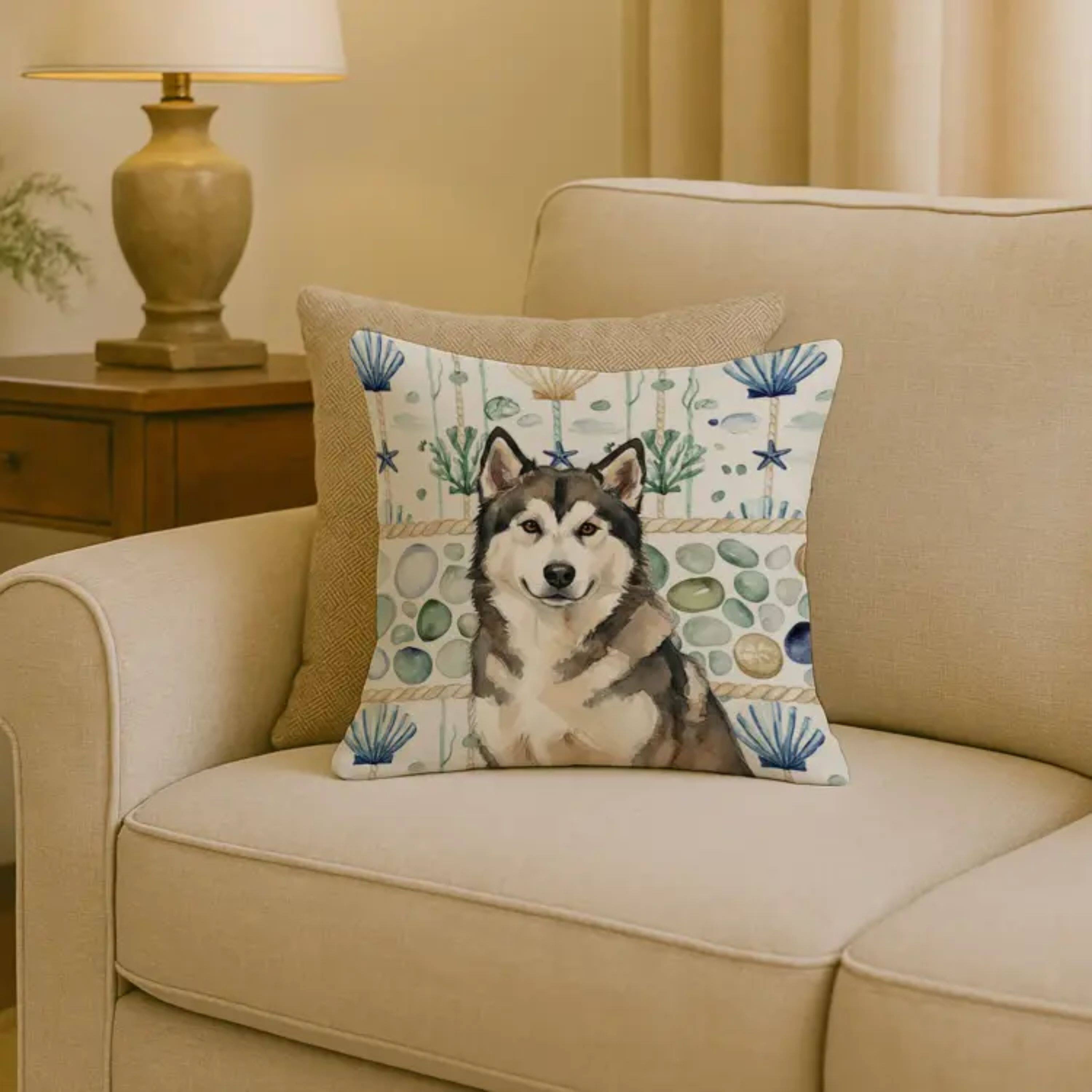 Angle. Kitcheniva - 18" x 18" Coastal Sea Design Throw Pillow Home Decor Alaskan Malamute Sable And White - Multicolor.