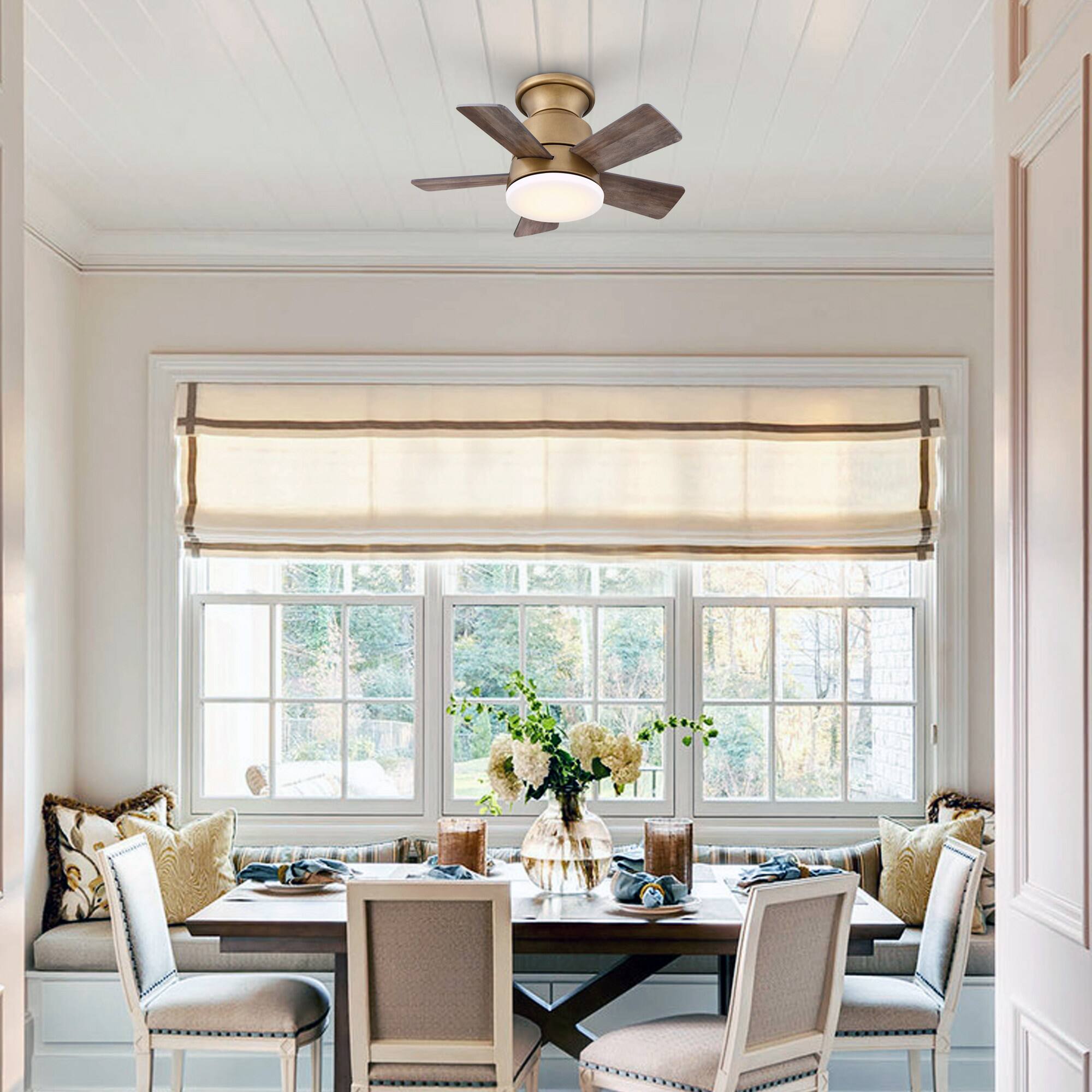 Angle. Parrot Uncle - 24 in. Integrated LED Natural Brass Gold Flush Mount Ceiling Fan with Light and Remote - Natural Brass Gold.