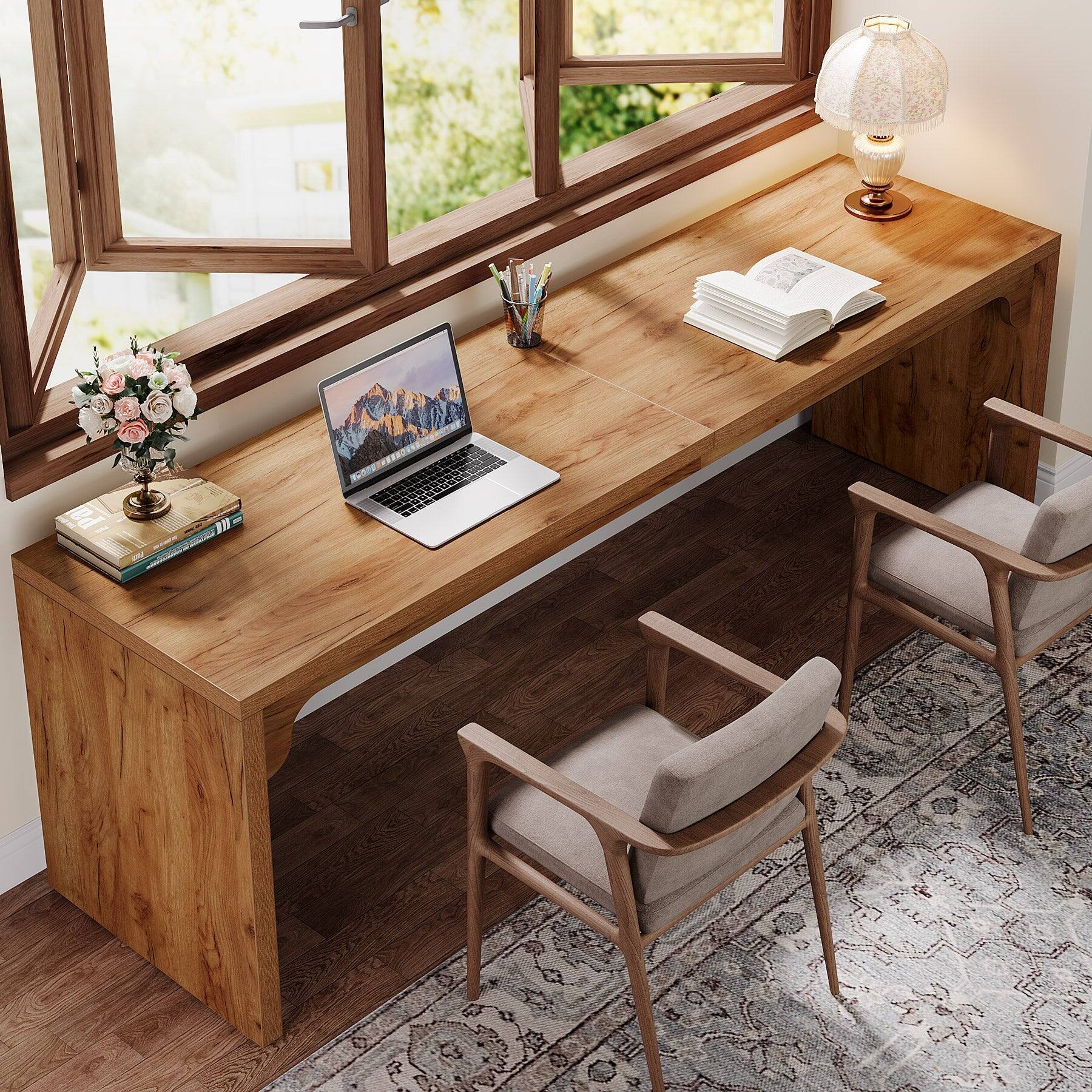 Angle. Tribesigns - Office Computer Desk with Metal Frame, for Computer Work, Writing and Study in Home Offices - Light Brown.