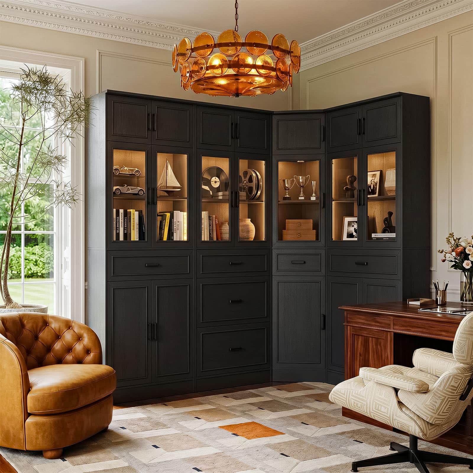 Front. Aheaplus - 80" Tall Corner Bookcase & Storage Cabinet Set - Versatile Organizer for Home Office, Living & Dining Room - Black.