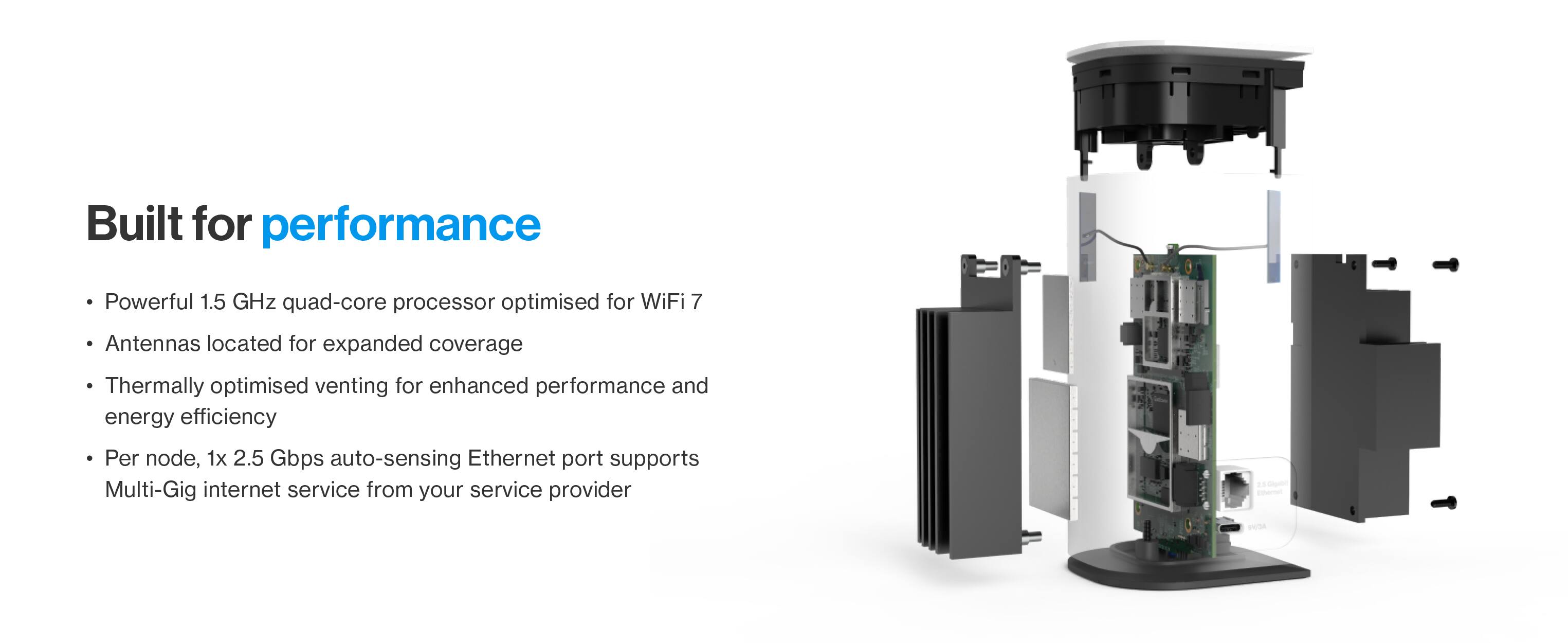 Built for performance

- Powerful 1.5 GHz quad-core processor optimised for WiFi 7
- Antennas located for expanded coverage
- Thermally optimised venting for enhanced performance and energy efficiency
- Per node, 1x 2.5 Gbps auto-sensing Ethernet port supports Multi-Gig internet service from your service provider