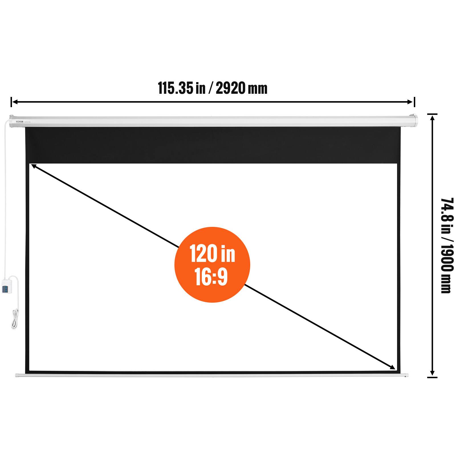 115.35 in / 2920 mm, 120 in, 16:9, 74.8 in / 1900 mm